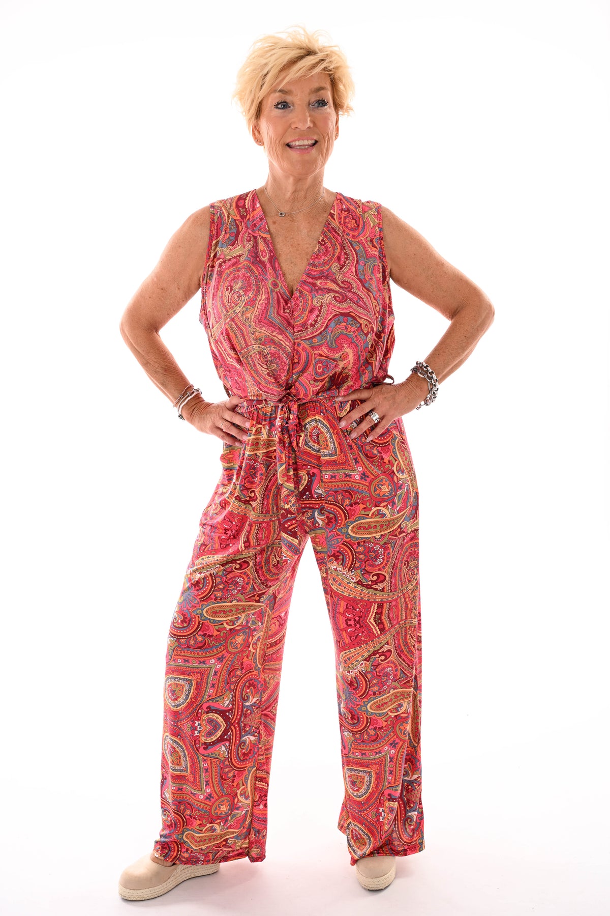 Jumpsuit v-hals print paisley bordeaux/roze