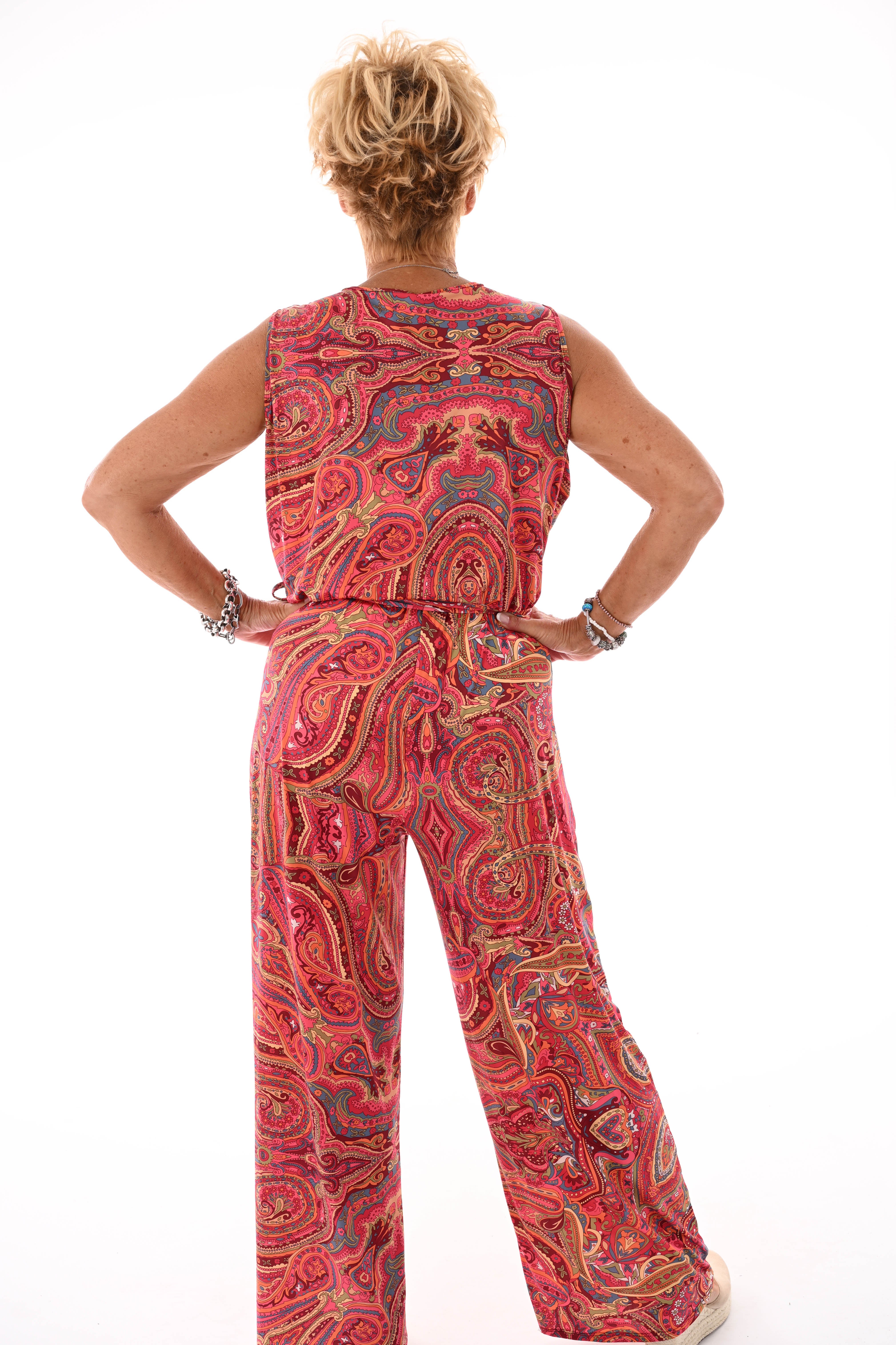 Jumpsuit v-hals print paisley bordeaux/roze