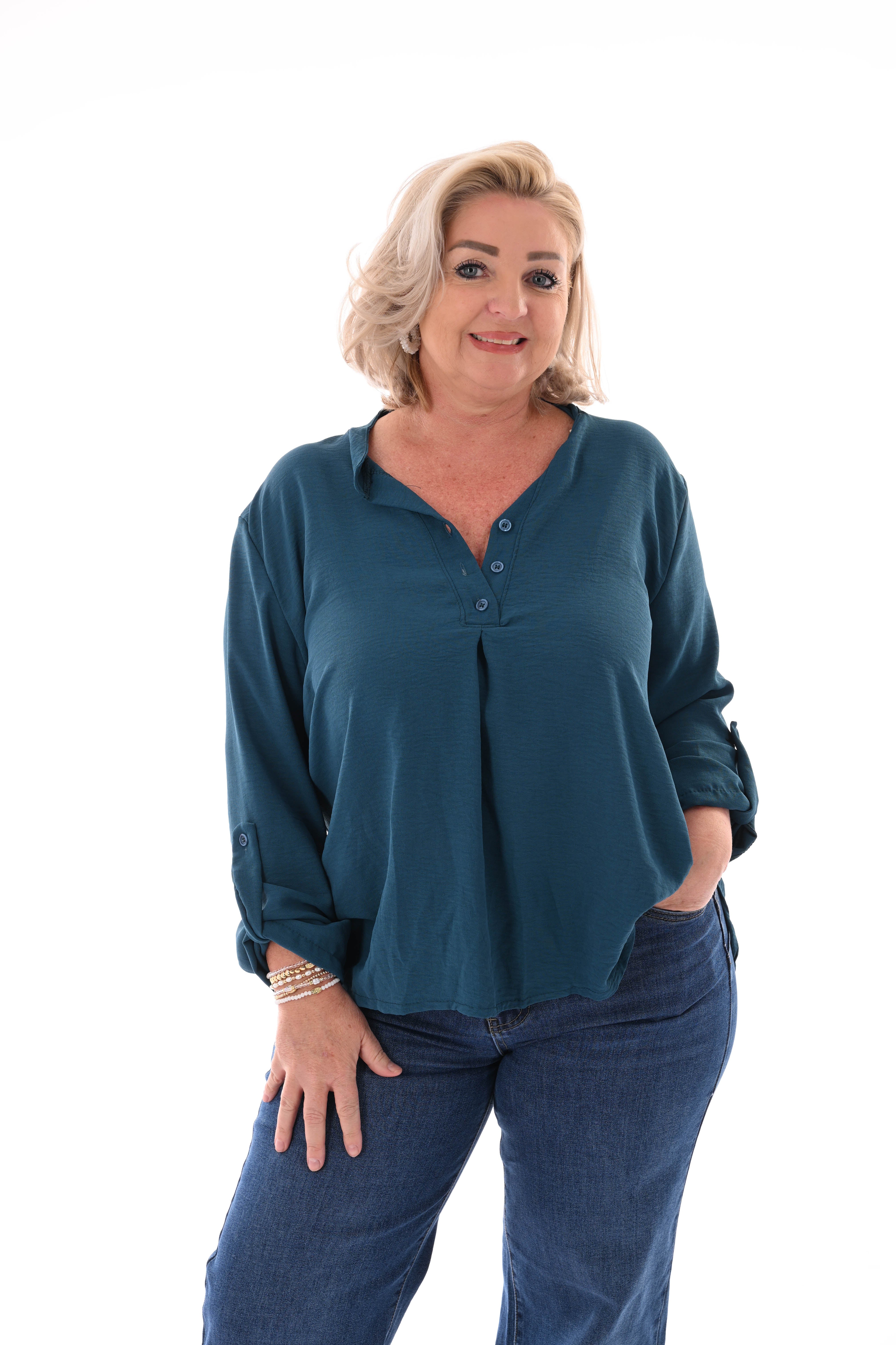 Blouse v-hals met ophaalmouwen uni petrol