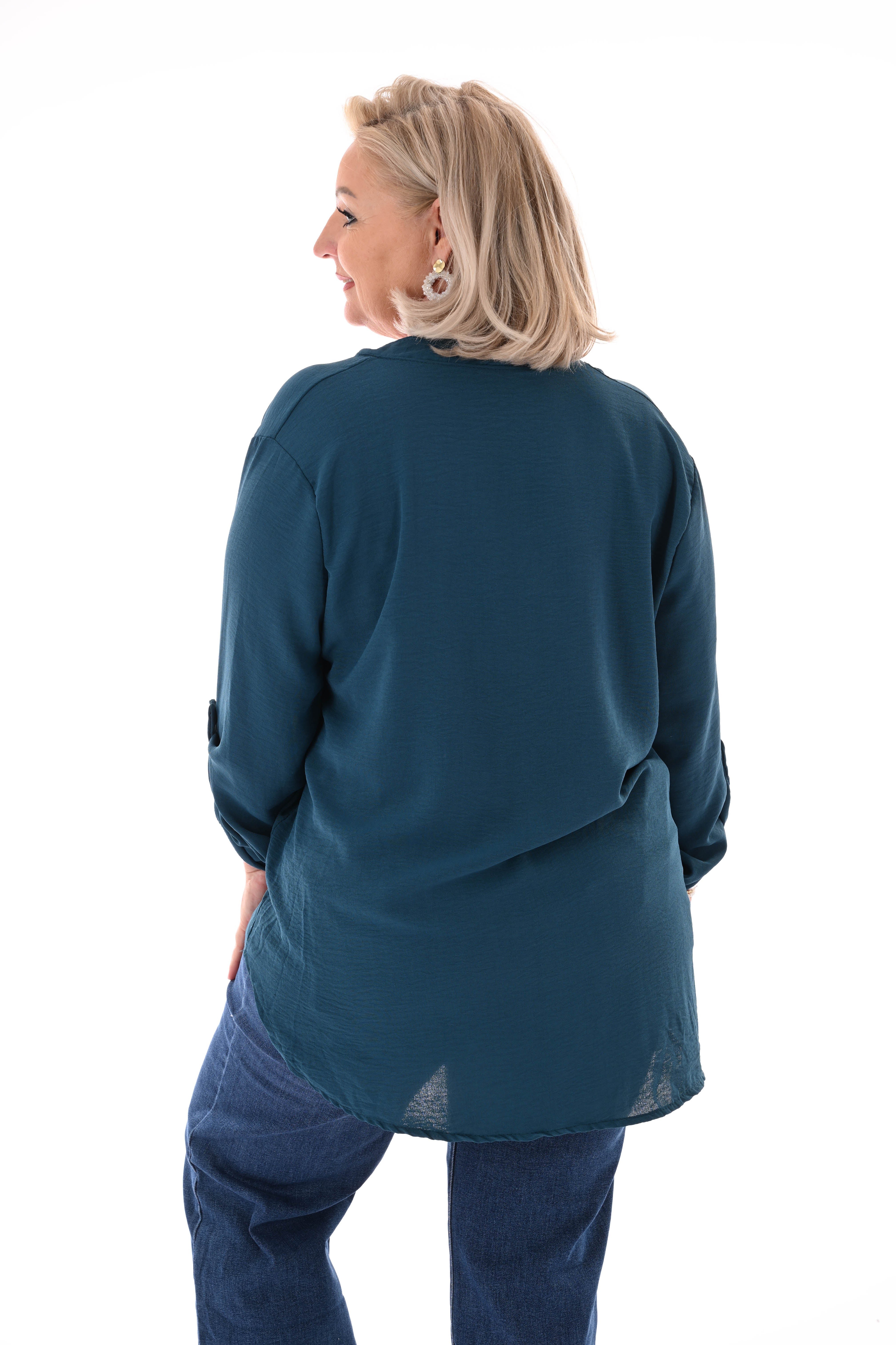 Blouse v-hals met ophaalmouwen uni petrol