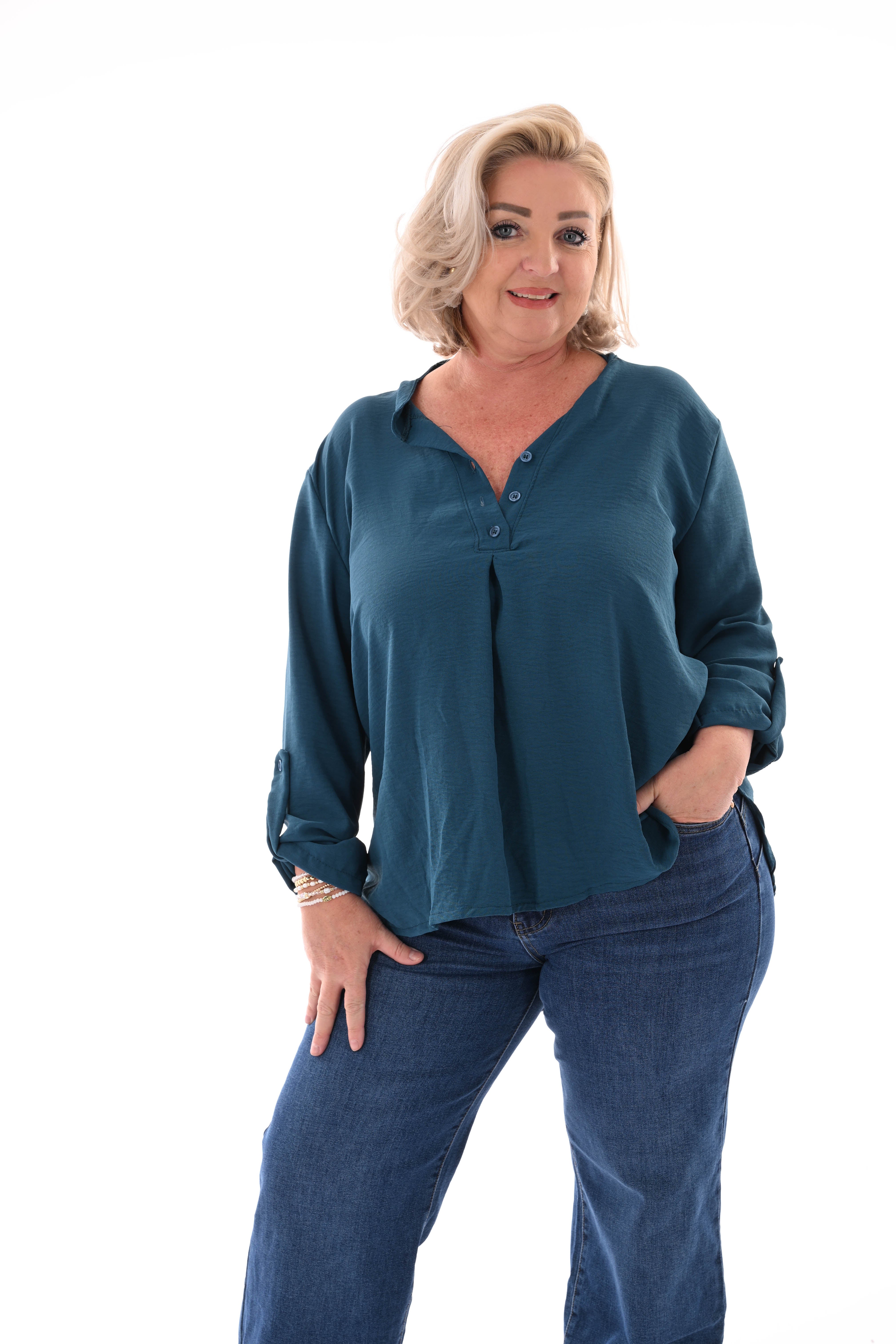 Blouse v-hals met ophaalmouwen uni petrol