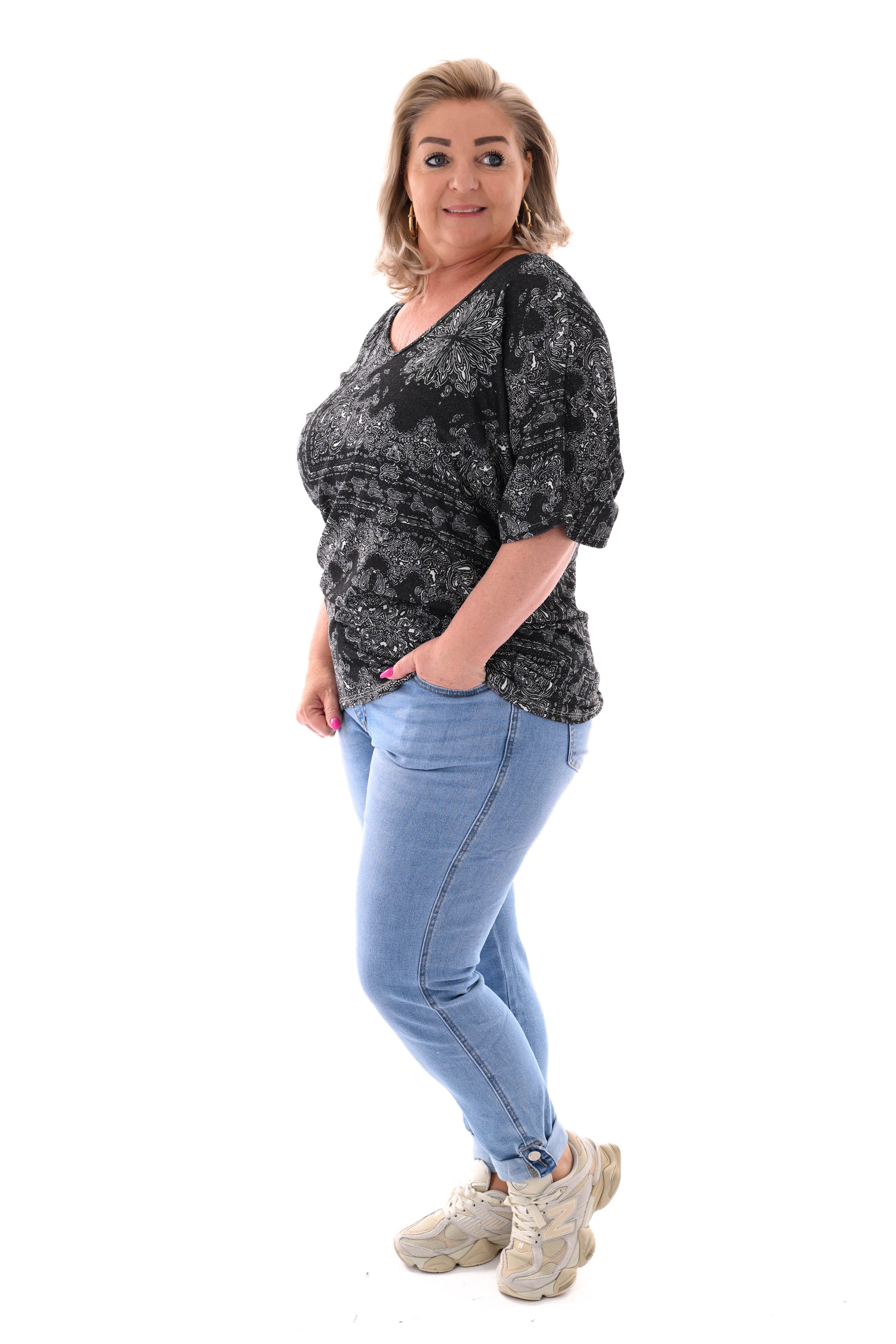 Top vleermuismouwen paisley met strik zwart