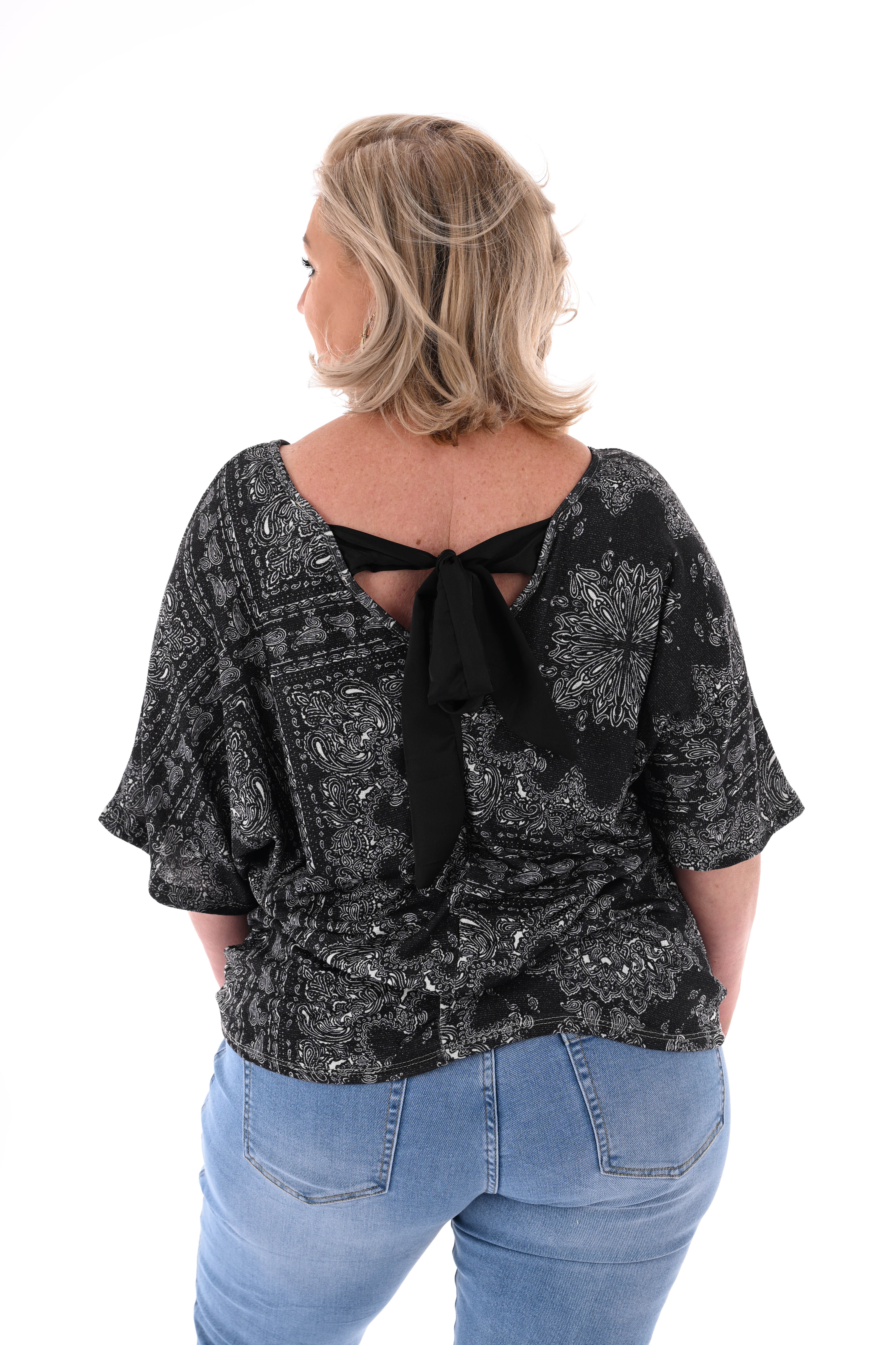 Top vleermuismouwen paisley met strik zwart
