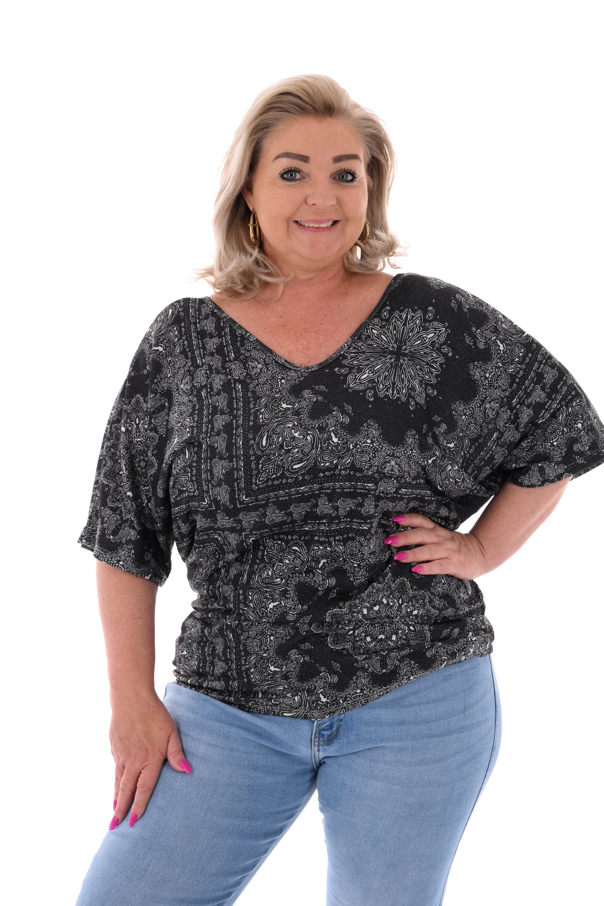 Top vleermuismouwen paisley met strik zwart