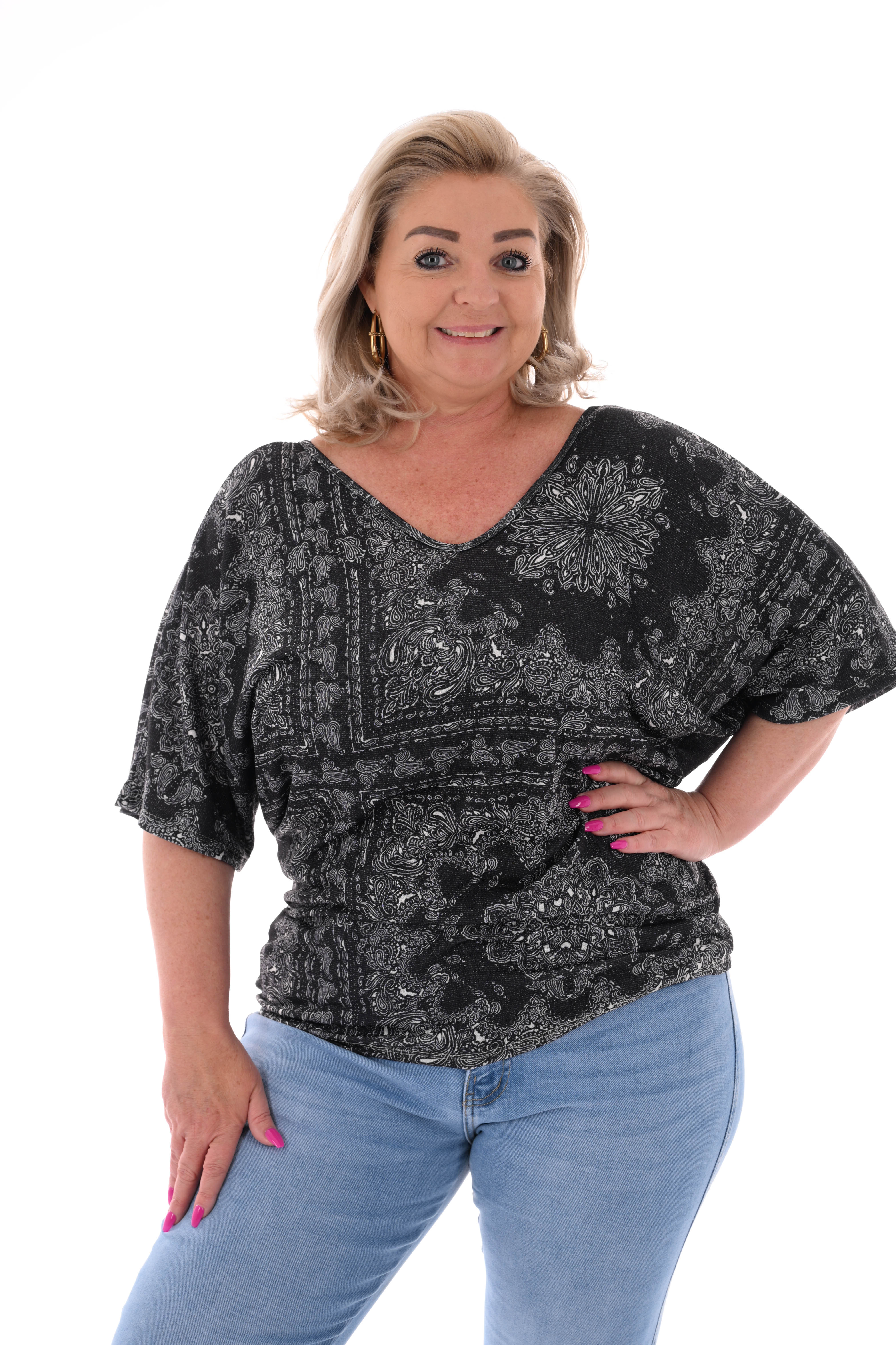 Top vleermuismouwen paisley met strik zwart
