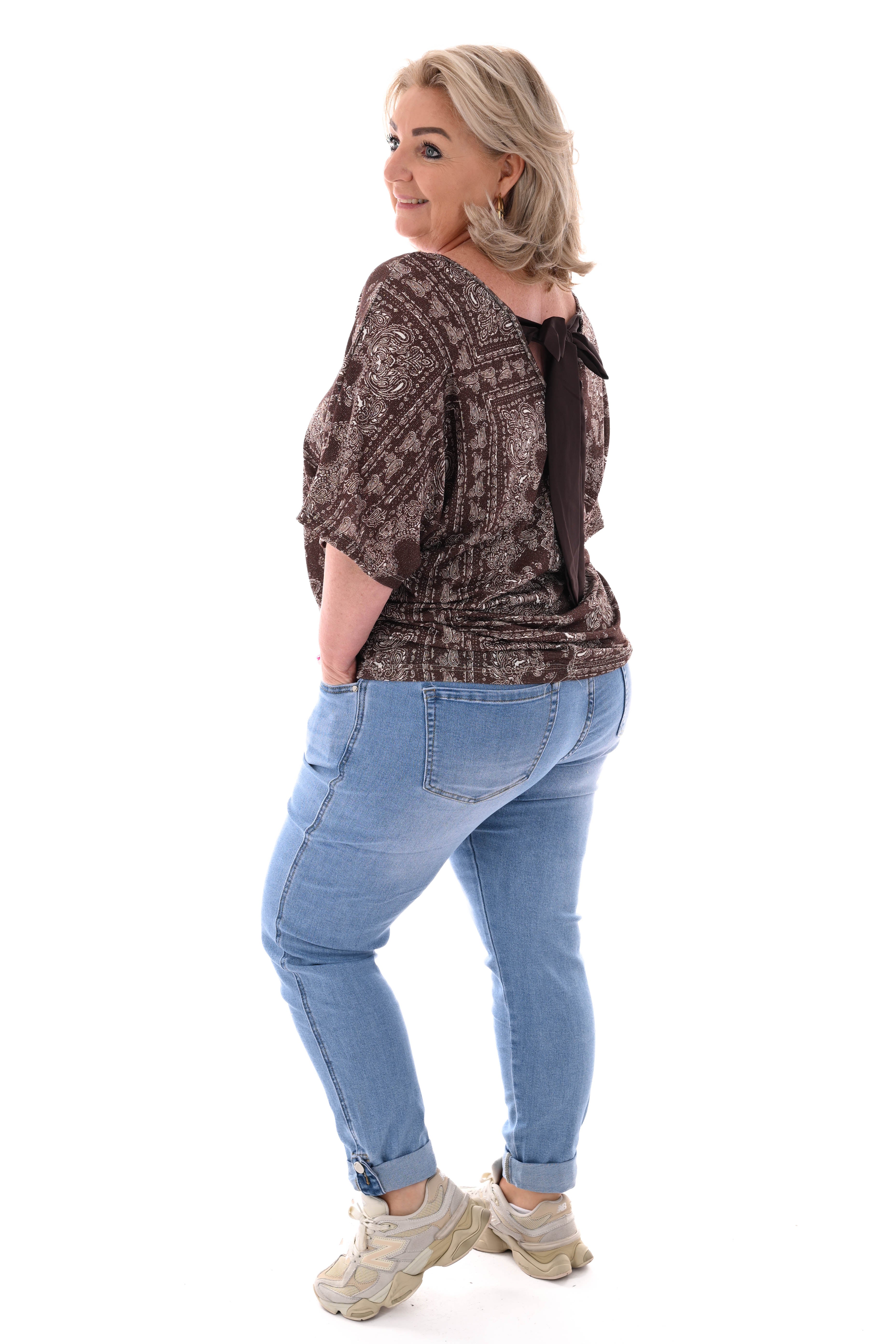 Top vleermuismouwen paisley met strik bruin