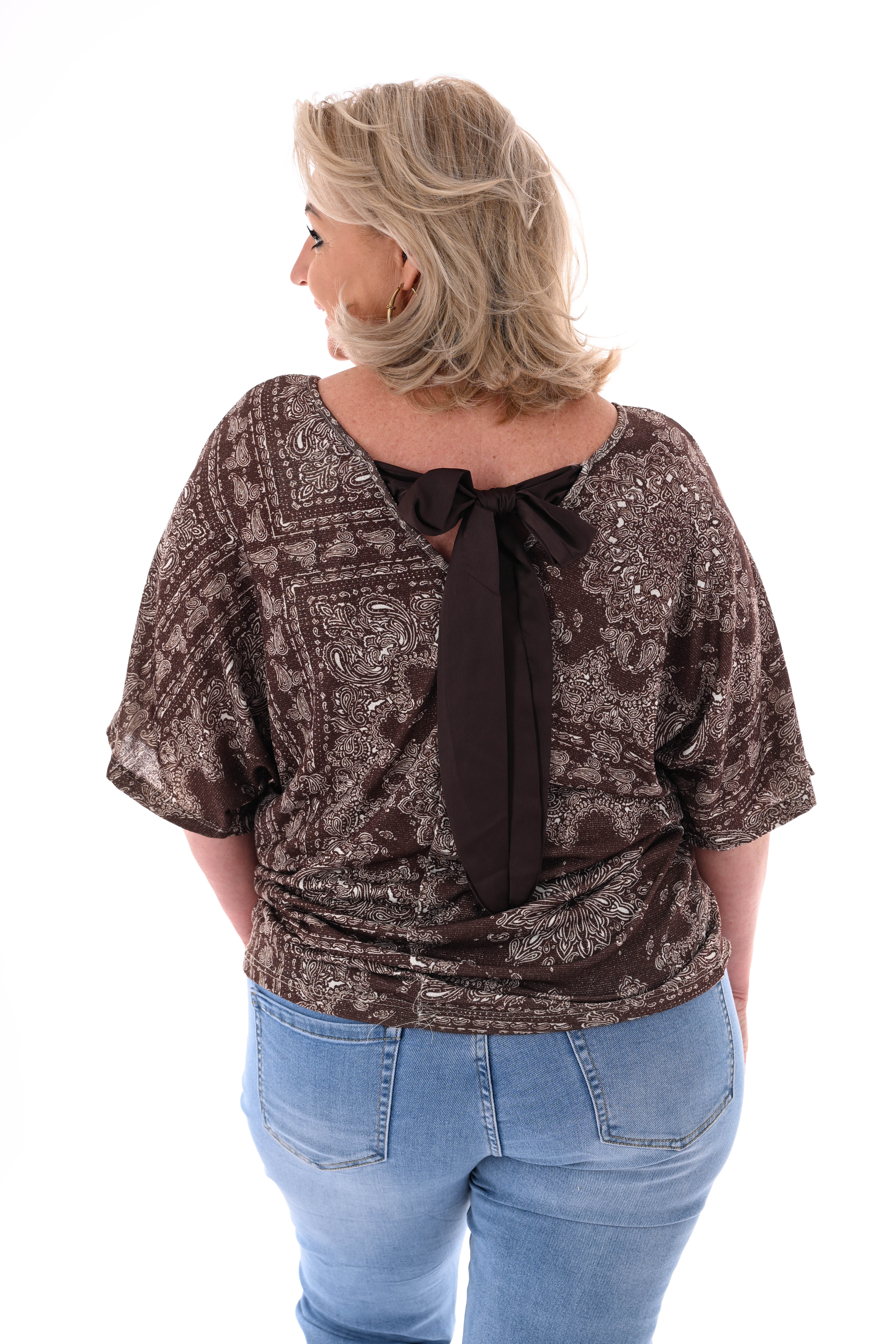 Top vleermuismouwen paisley met strik bruin