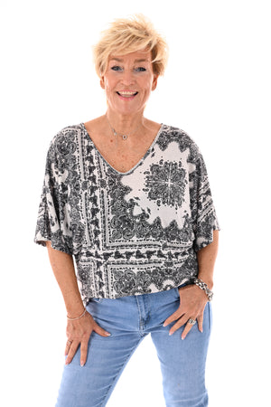 Top vleermuismouwen paisley met strik roomwit