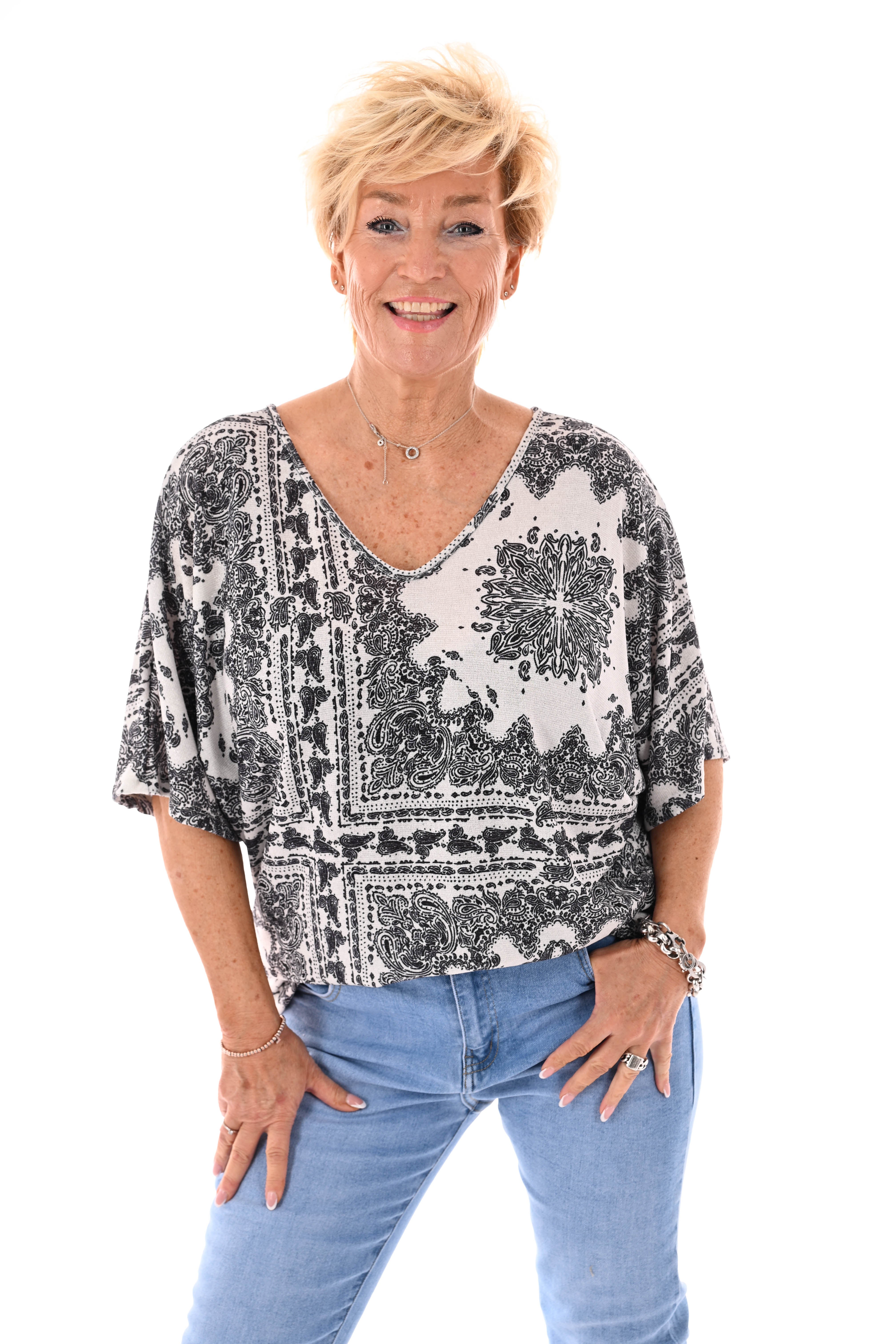 Top vleermuismouwen paisley met strik roomwit