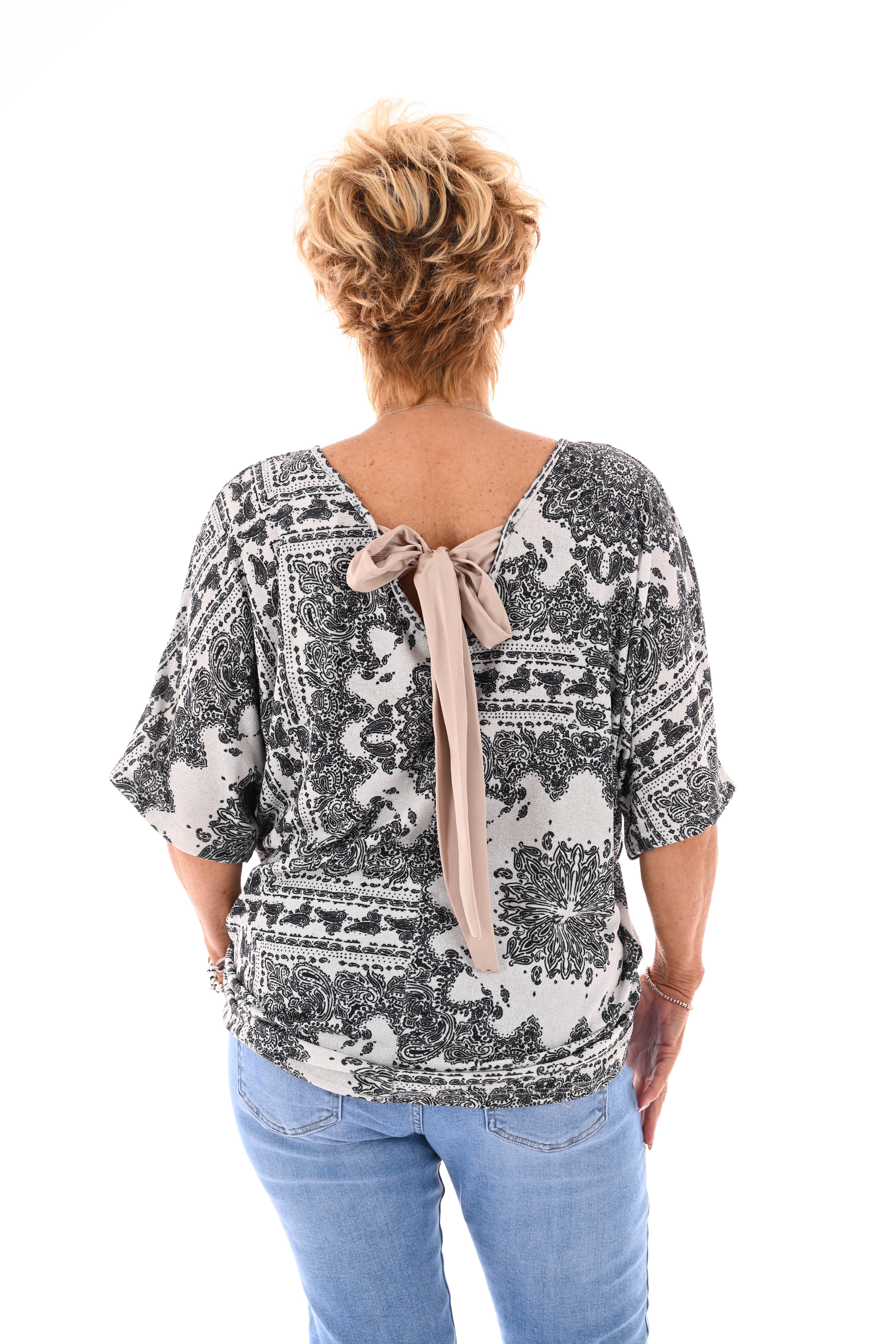 Top vleermuismouwen paisley met strik roomwit