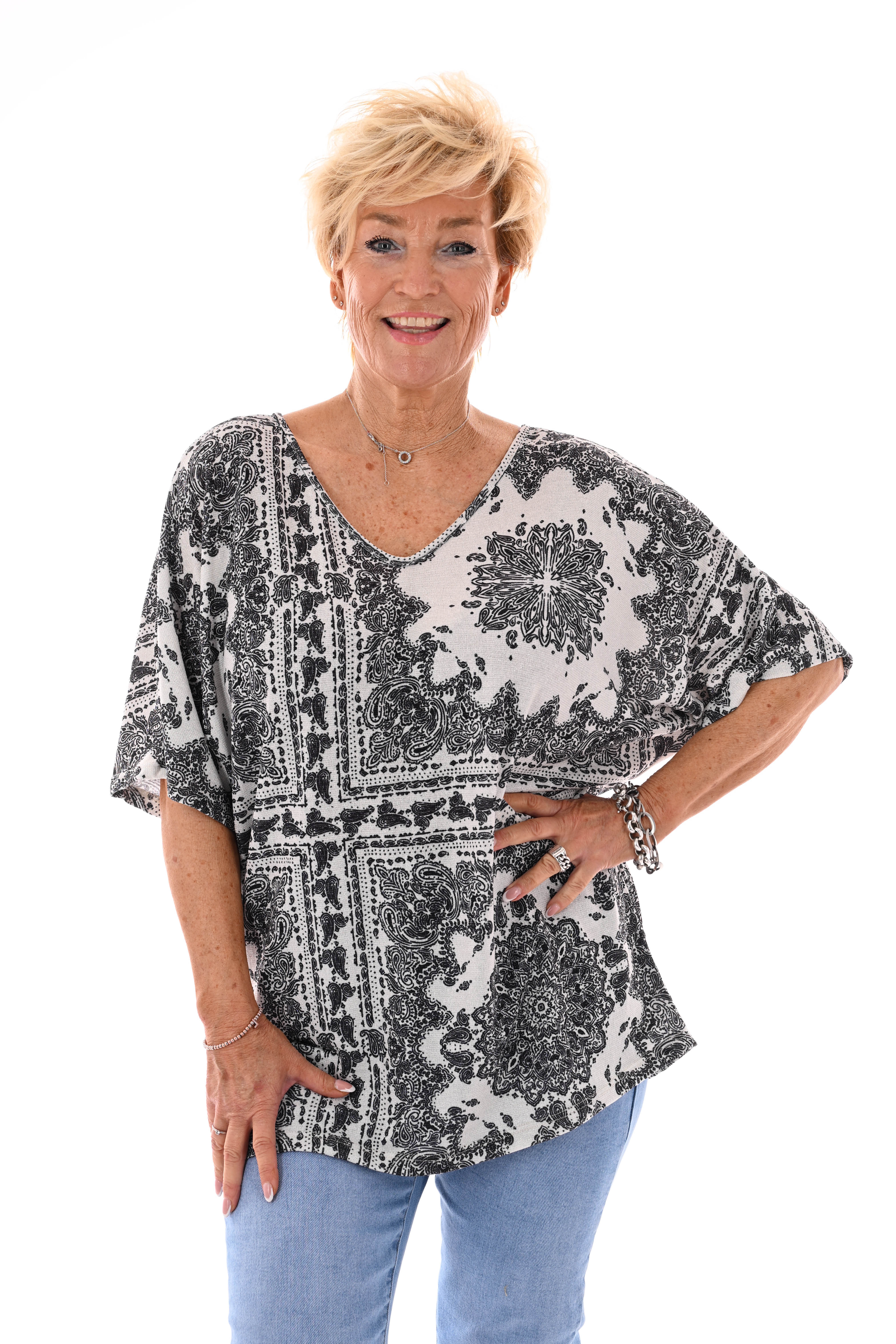 Top vleermuismouwen paisley met strik roomwit