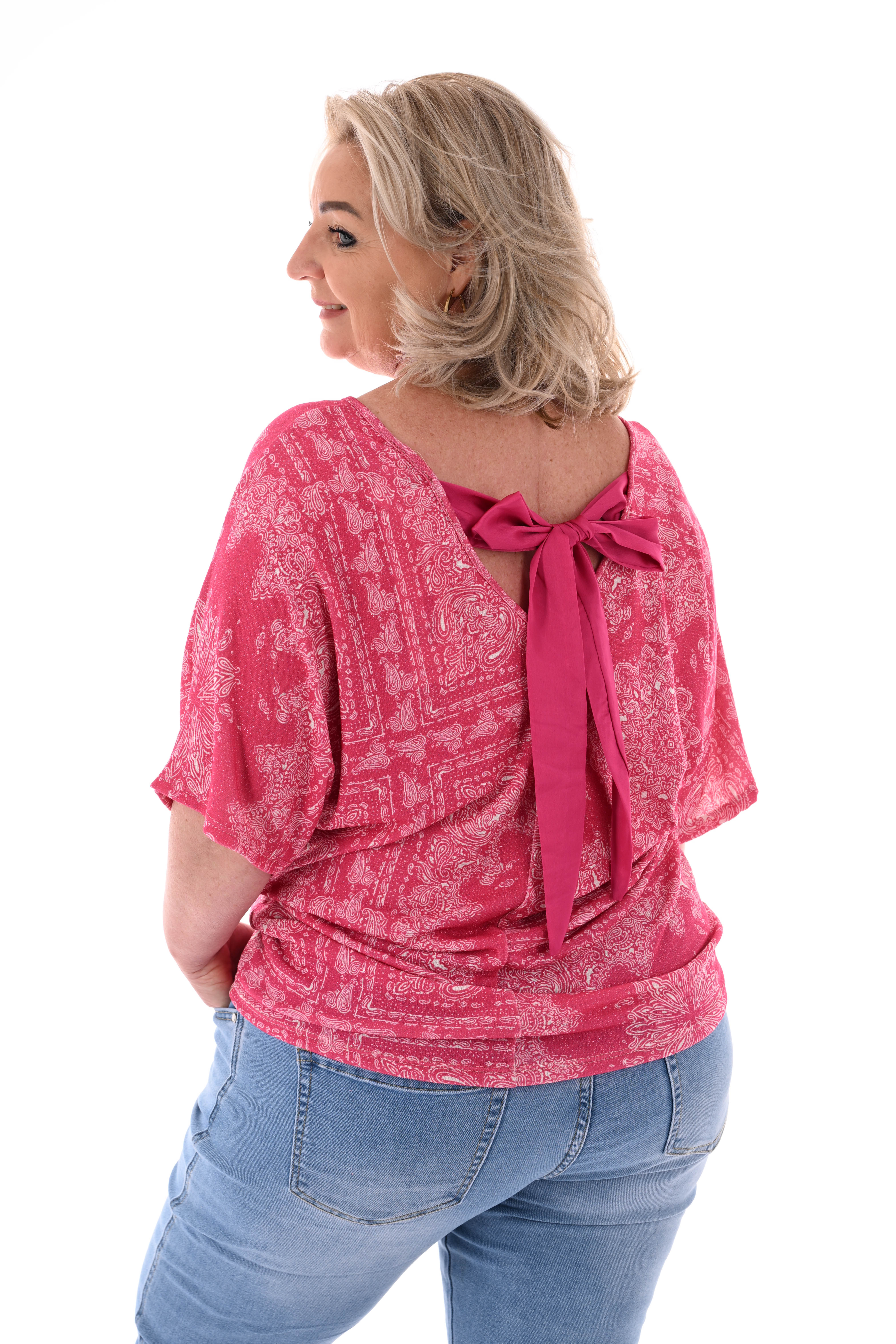 Top vleermuismouwen paisley met strik fuchsia