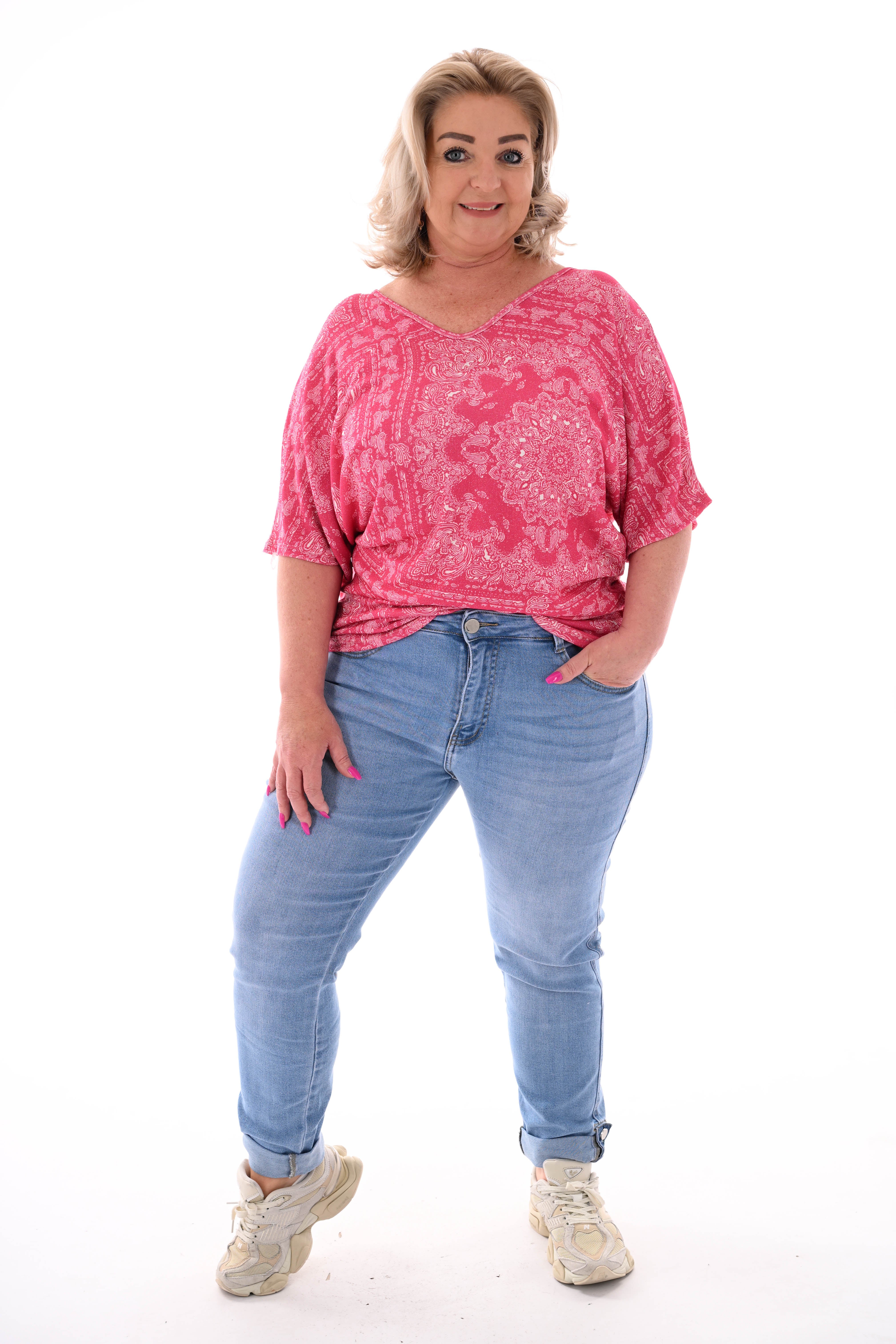Top vleermuismouwen paisley met strik fuchsia