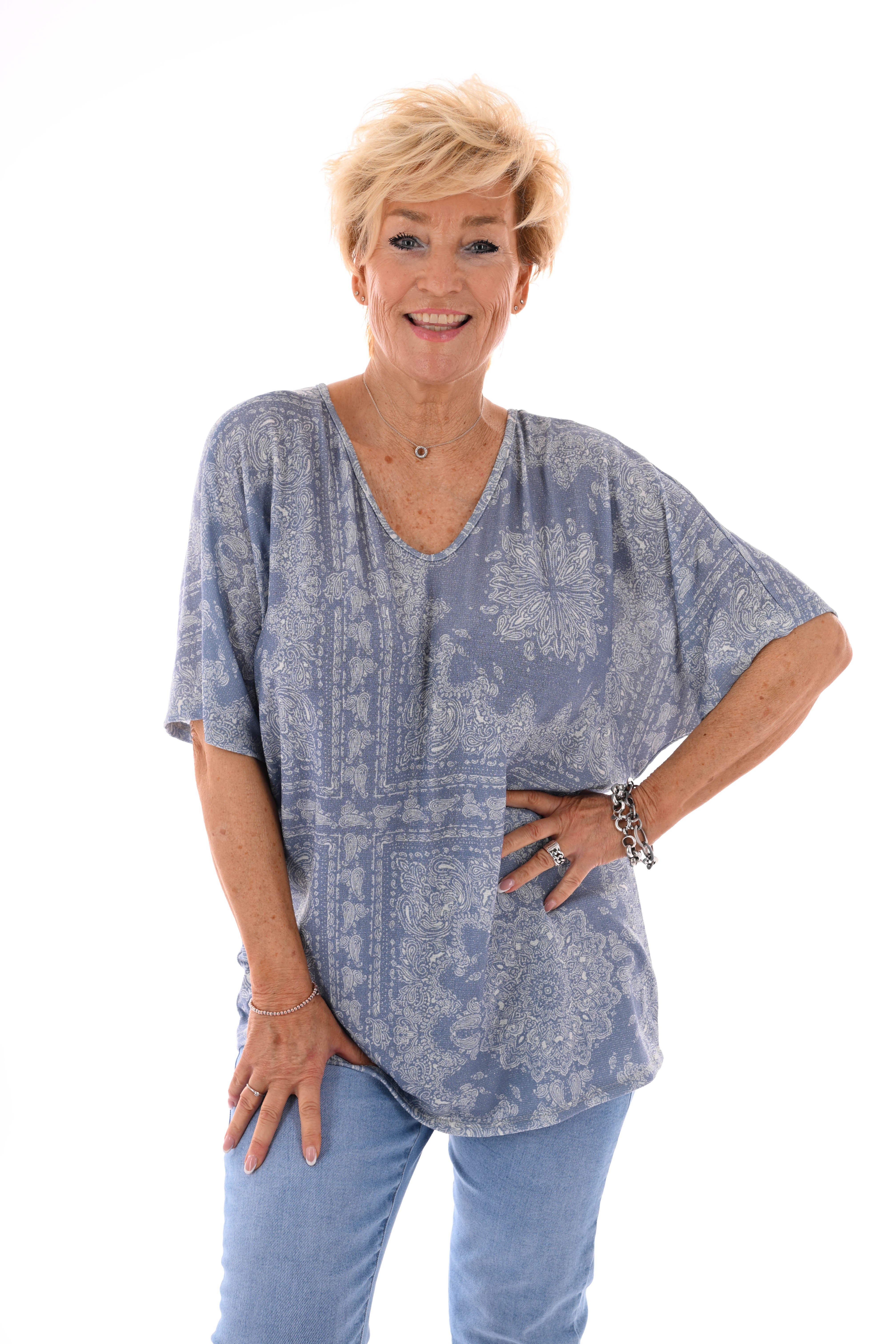 Top vleermuismouwen paisley met strik lichtblauw