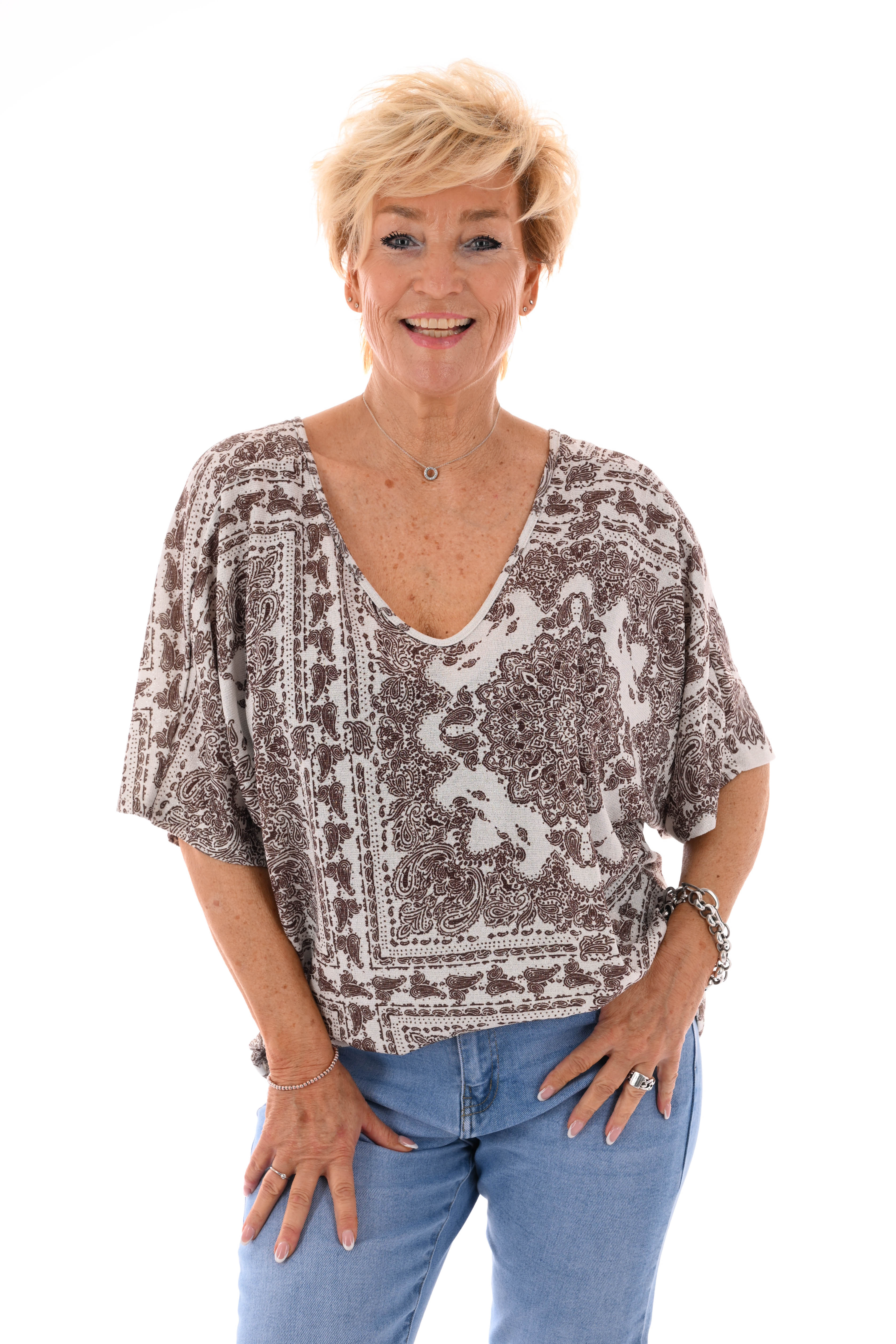 Top vleermuismouwen paisley met strik beige