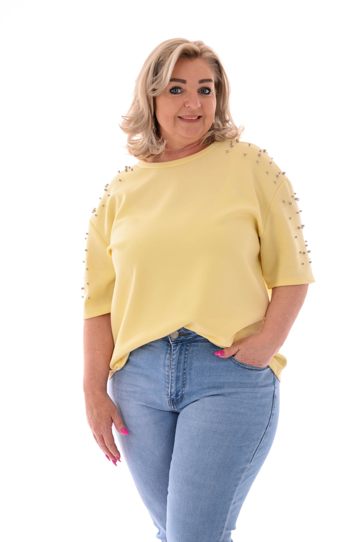 Sweater korte mouwen studs botergeel