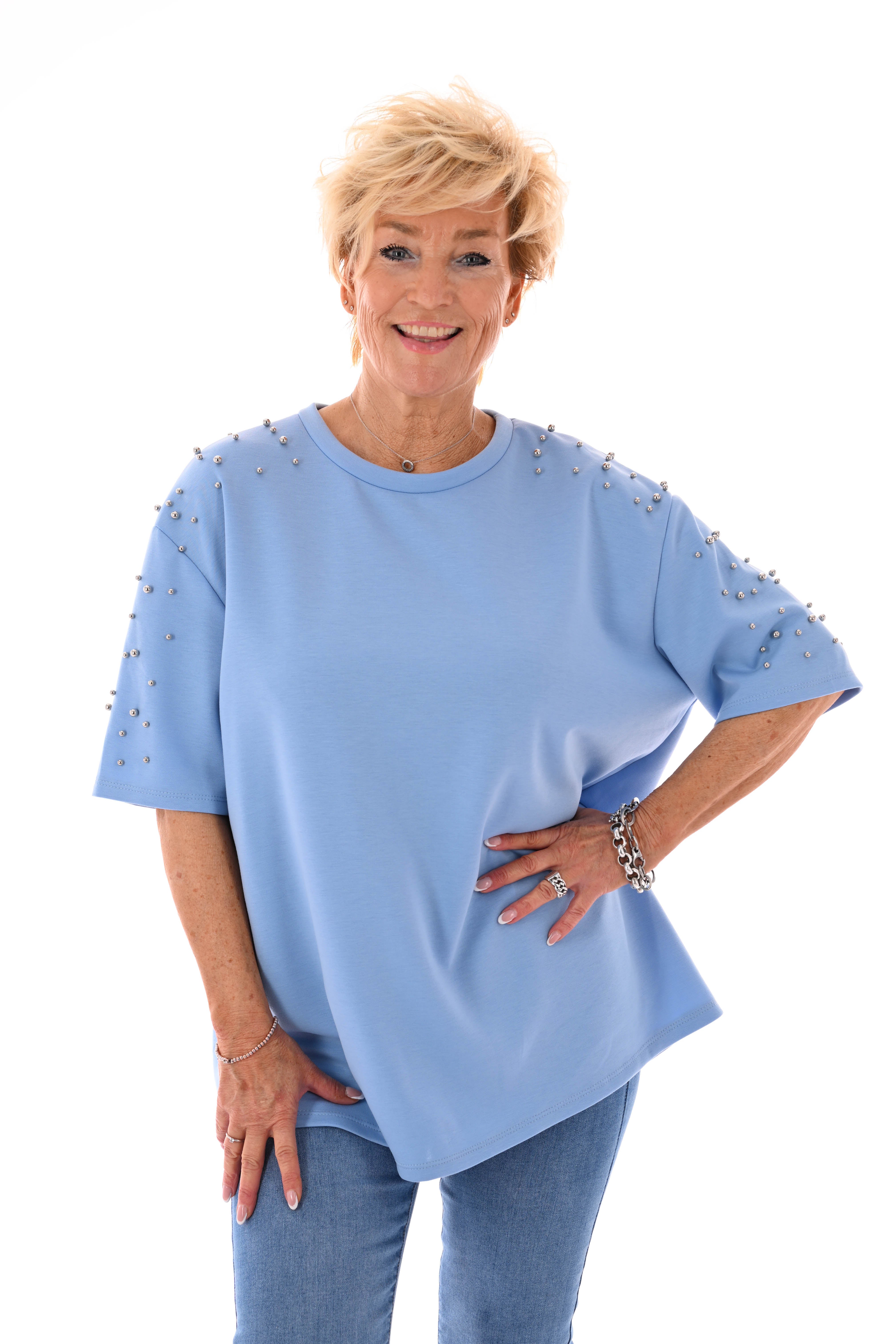 Sweater korte mouwen studs lichtblauw