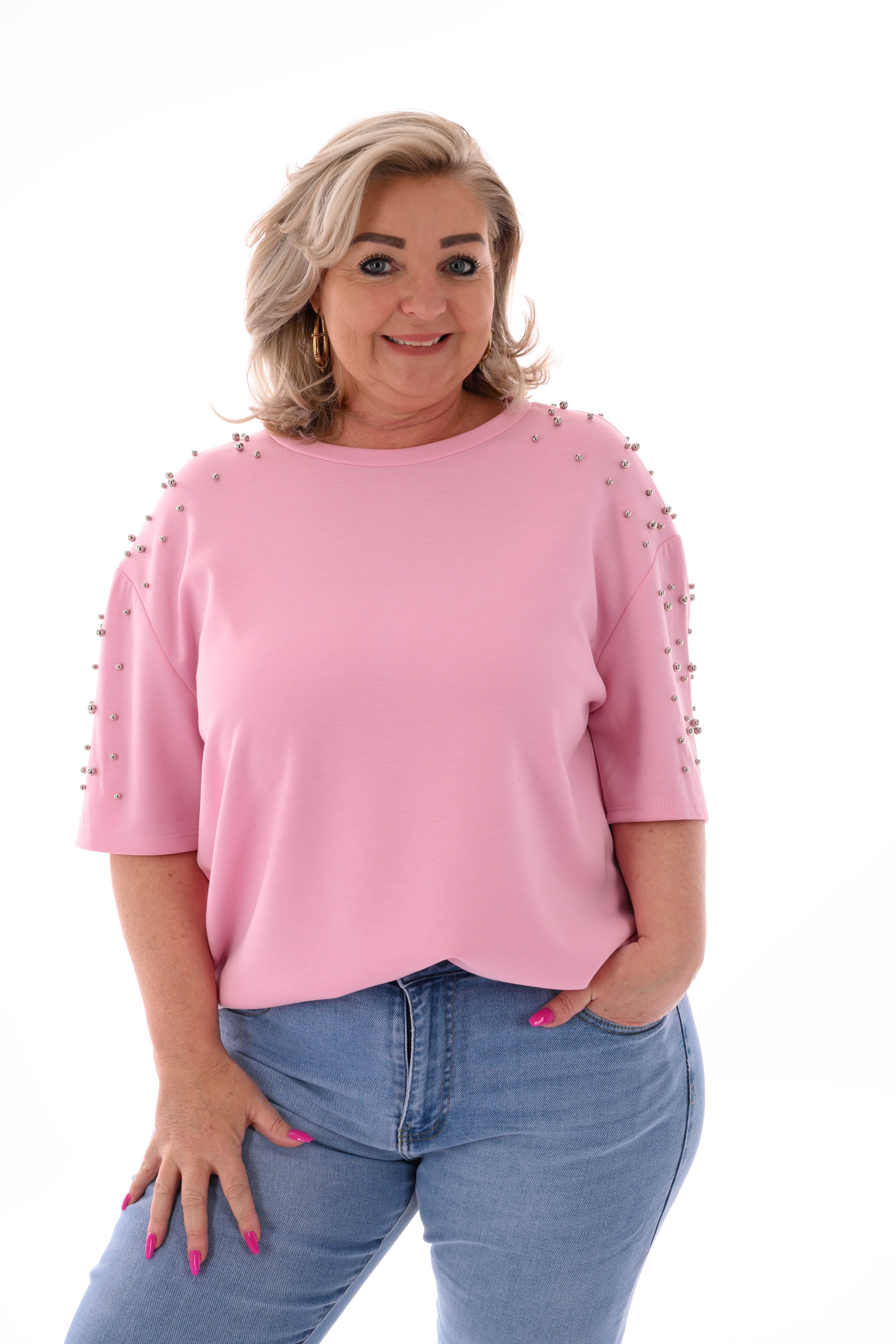 Sweater korte mouwen studs lichtroze