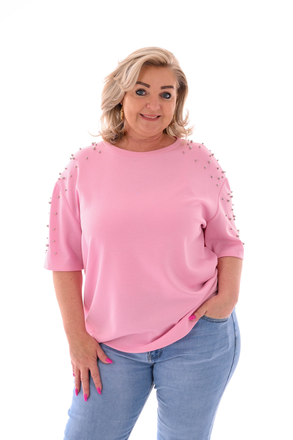 Sweater korte mouwen studs lichtroze