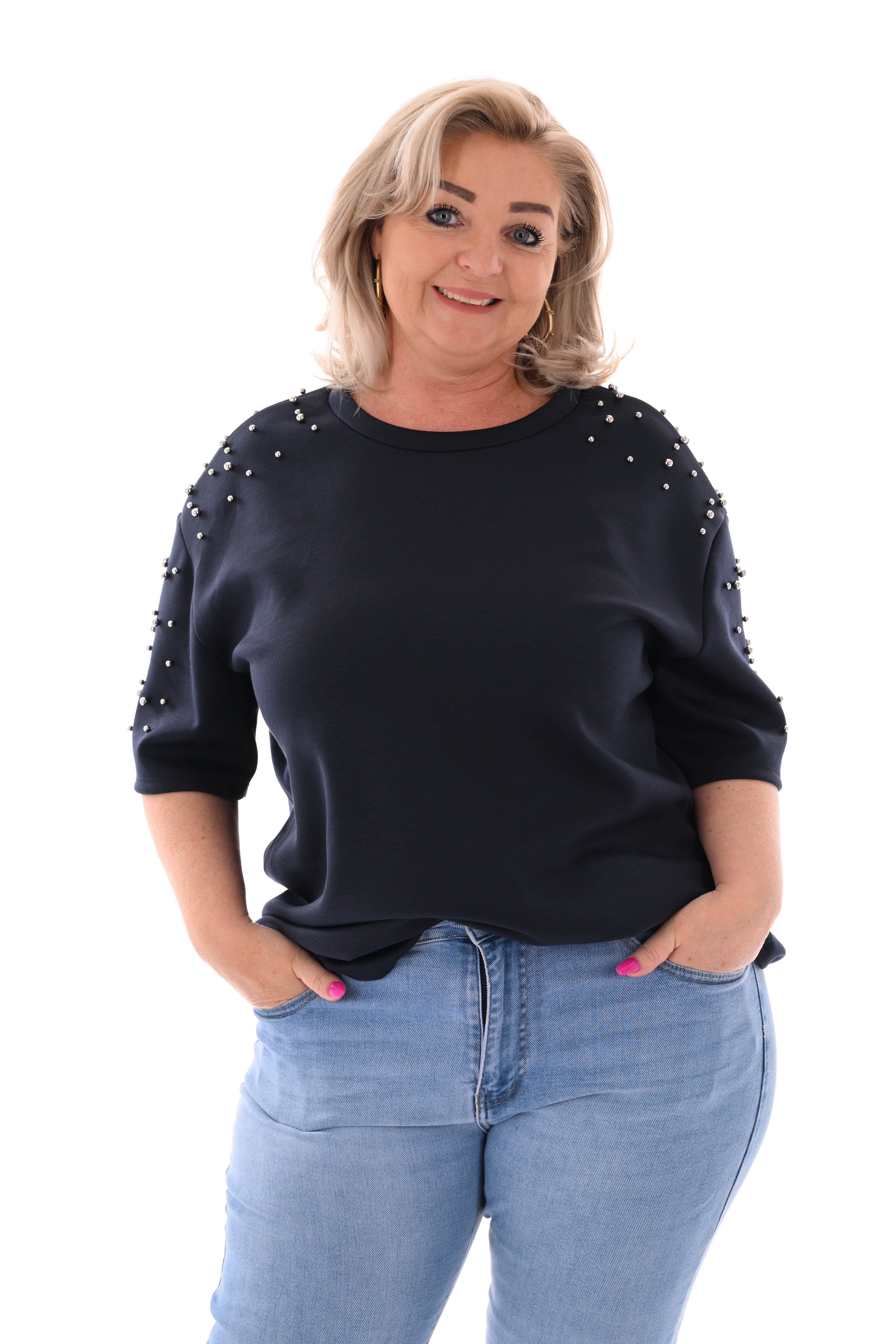Sweater korte mouwen studs marineblauw