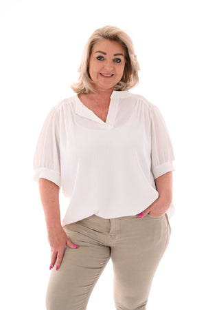 Crepe top v-hals korte pofmouwen roomwit