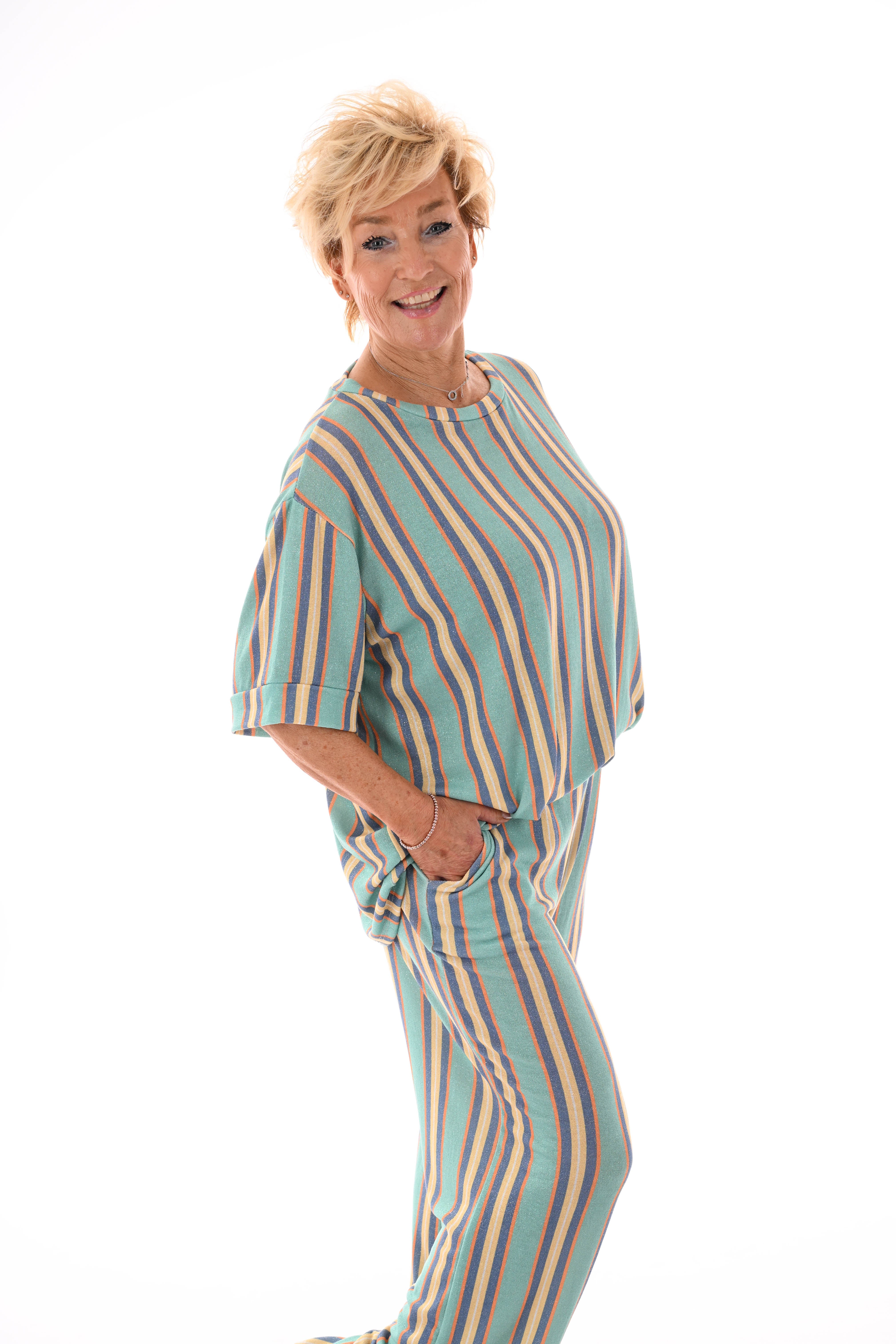 Tweedelig set strepen boothals turquoise