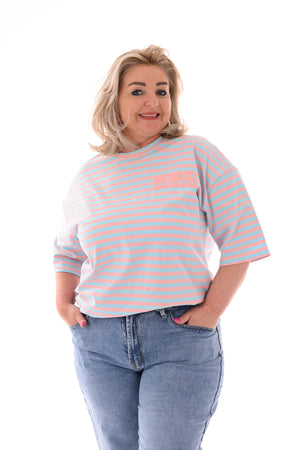 T-shirt streepjes NewYork peach/lichtblauw