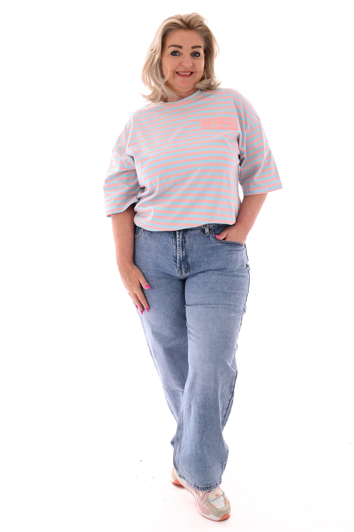 T-shirt streepjes NewYork peach/lichtblauw