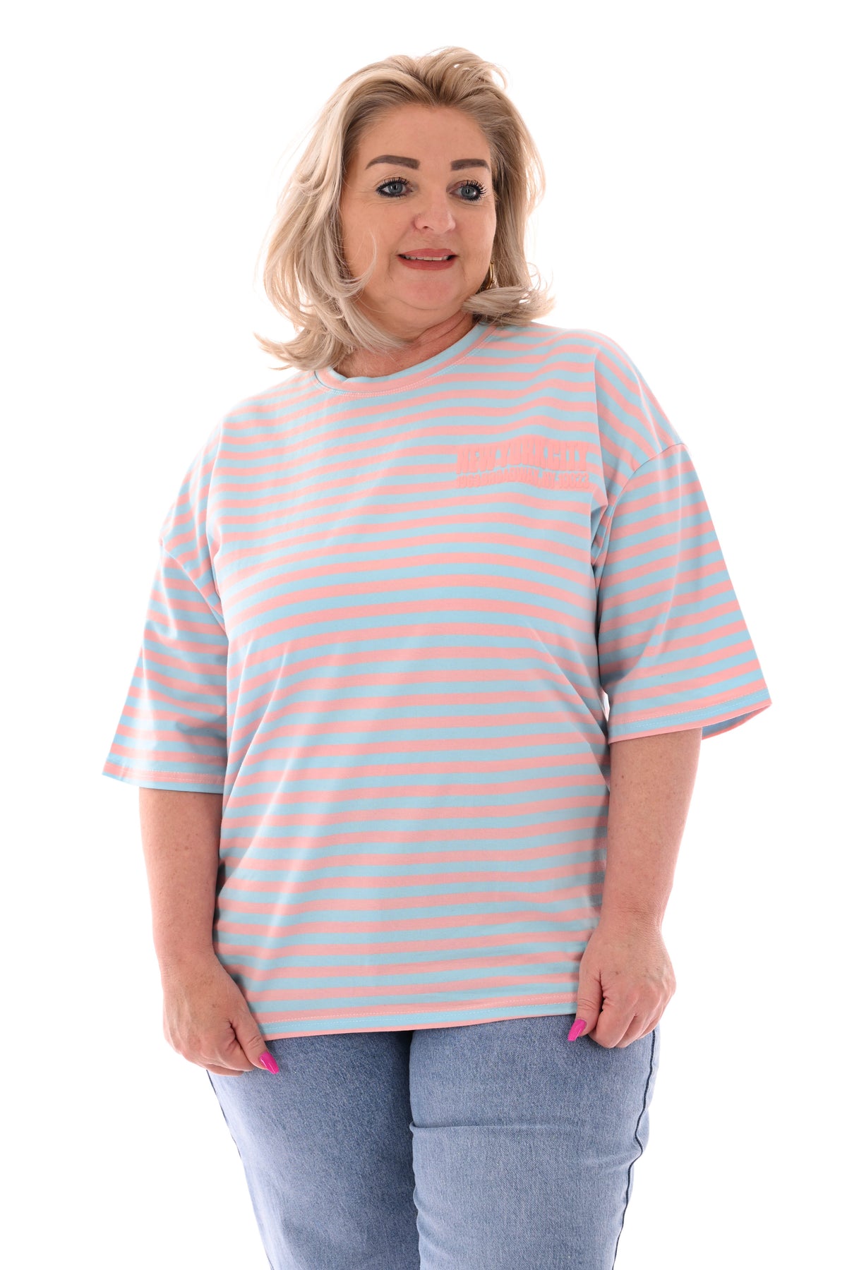 T-shirt streepjes NewYork peach/lichtblauw