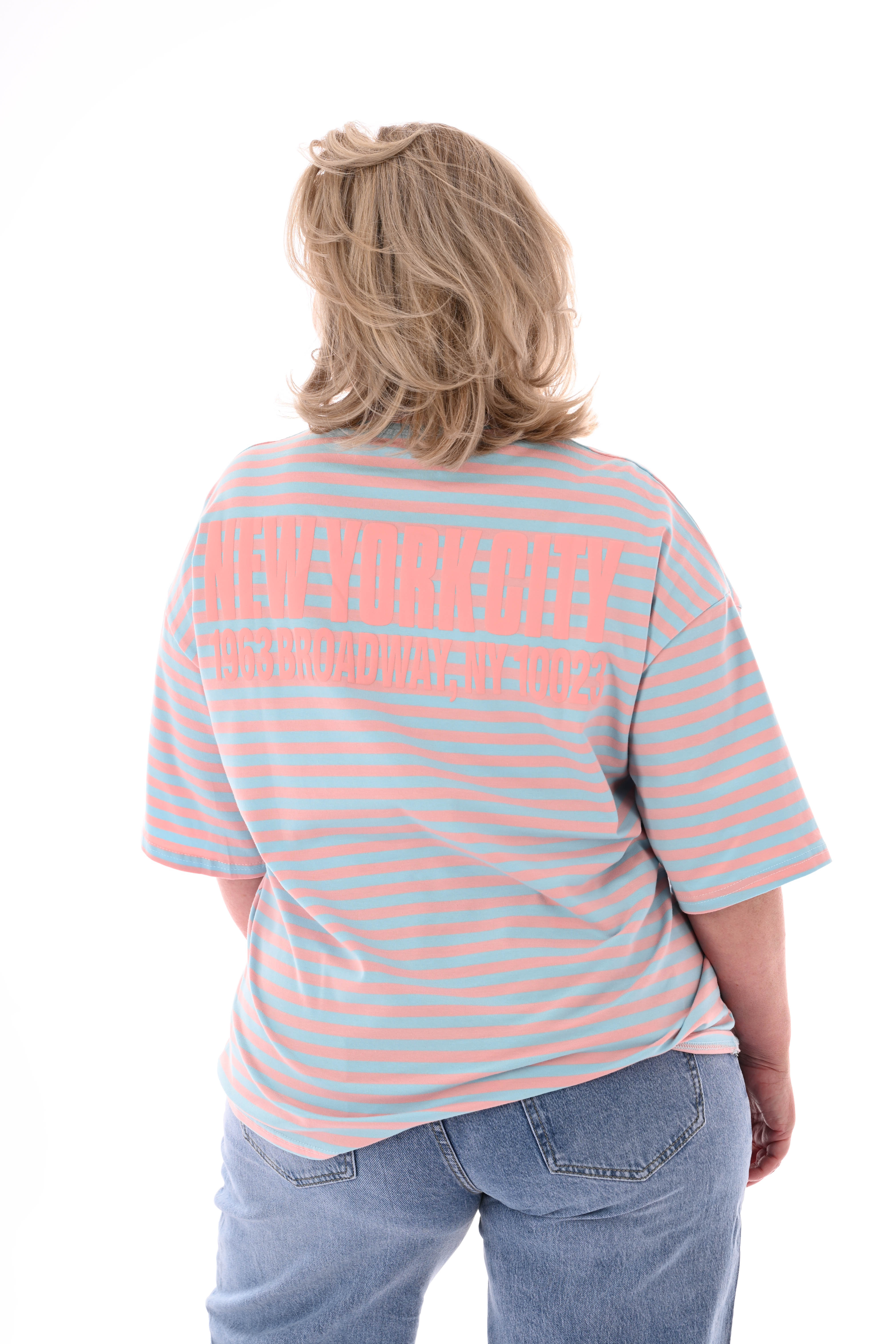 T-shirt streepjes NewYork peach/lichtblauw