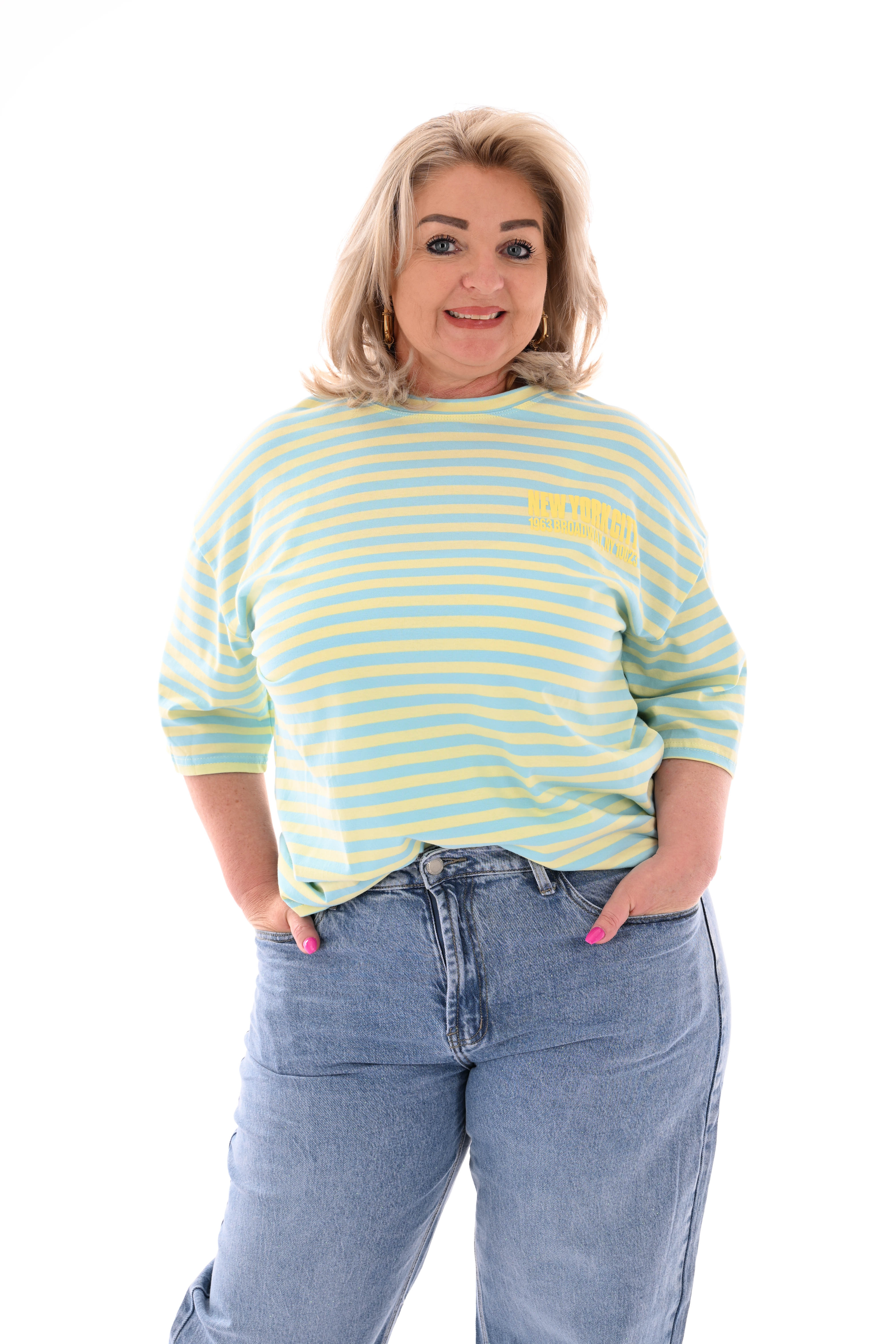 T-shirt streepjes NewYork lichtgeel/lichtblauw