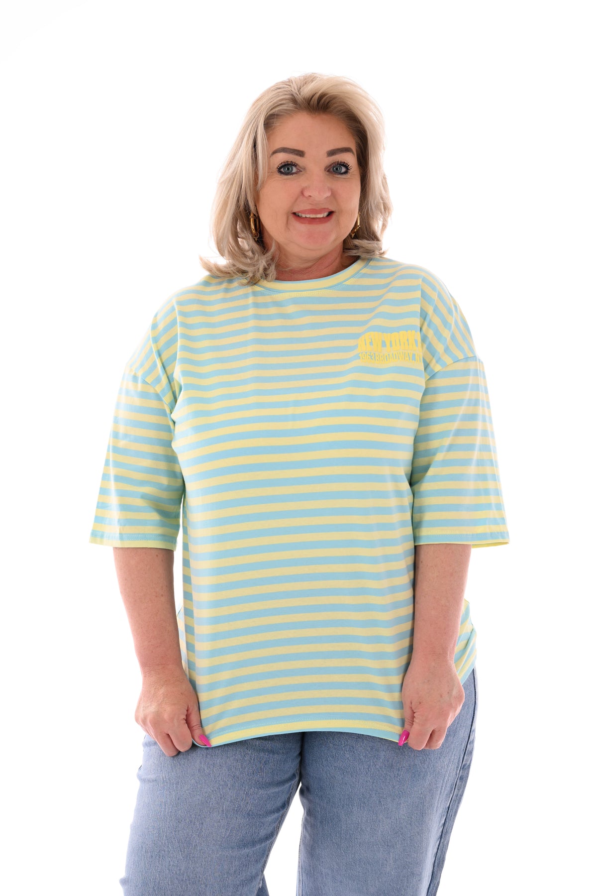 T-shirt streepjes NewYork lichtgeel/lichtblauw