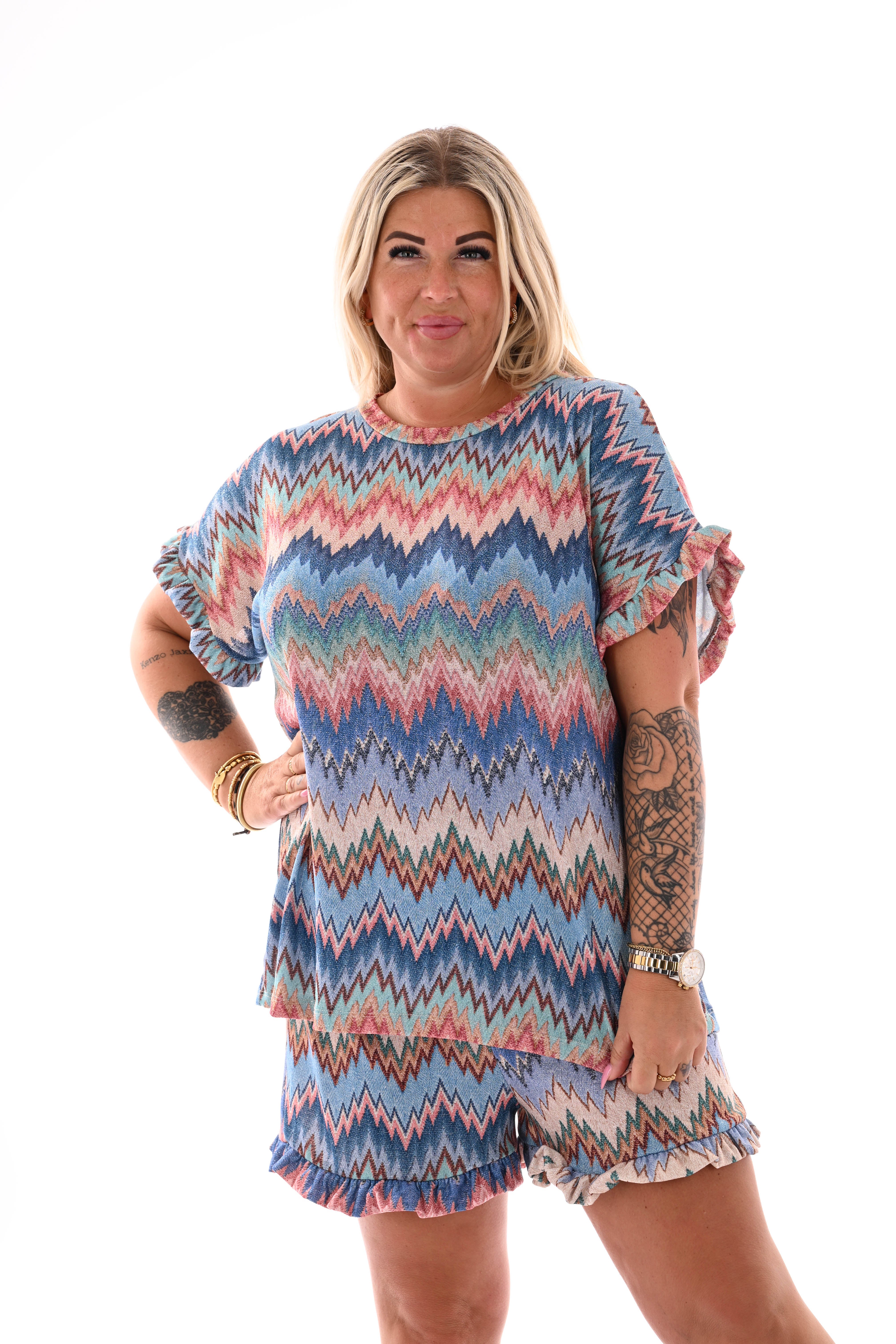 Twinset zigzag korte roezelmouwen blauw