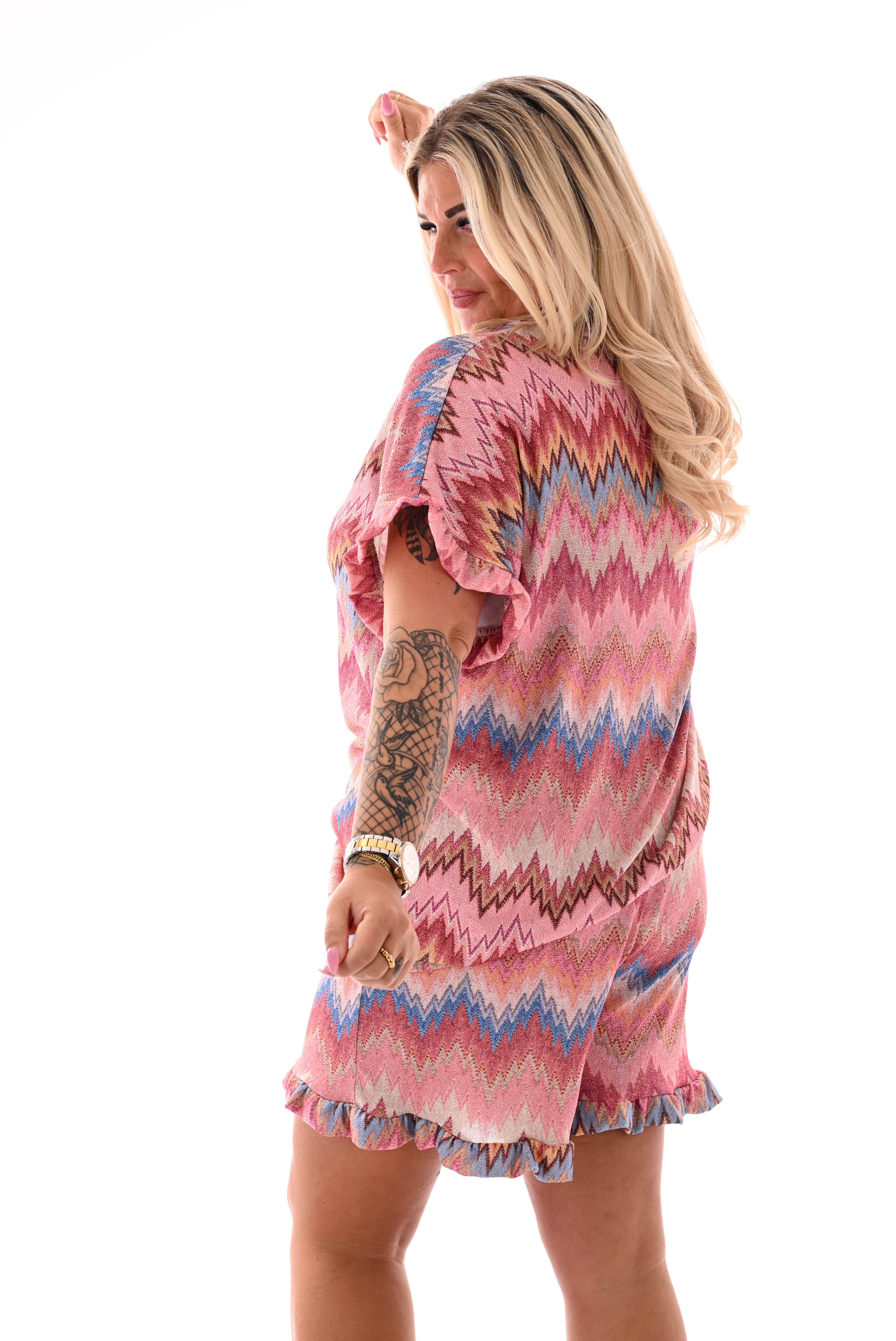 Twinset zigzag korte roezelmouwen lichtroze