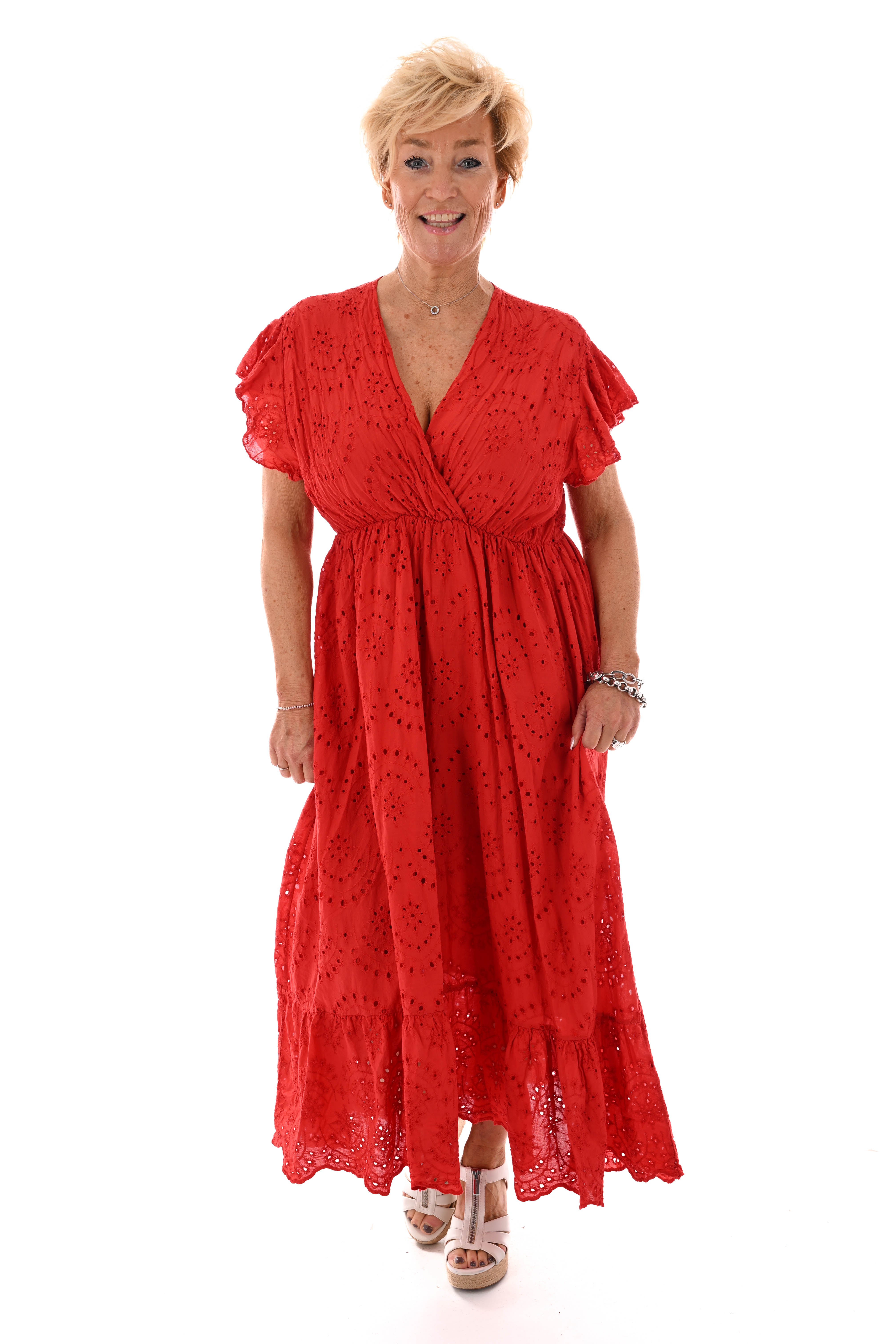 Maxi broderie jurk v-hals rood