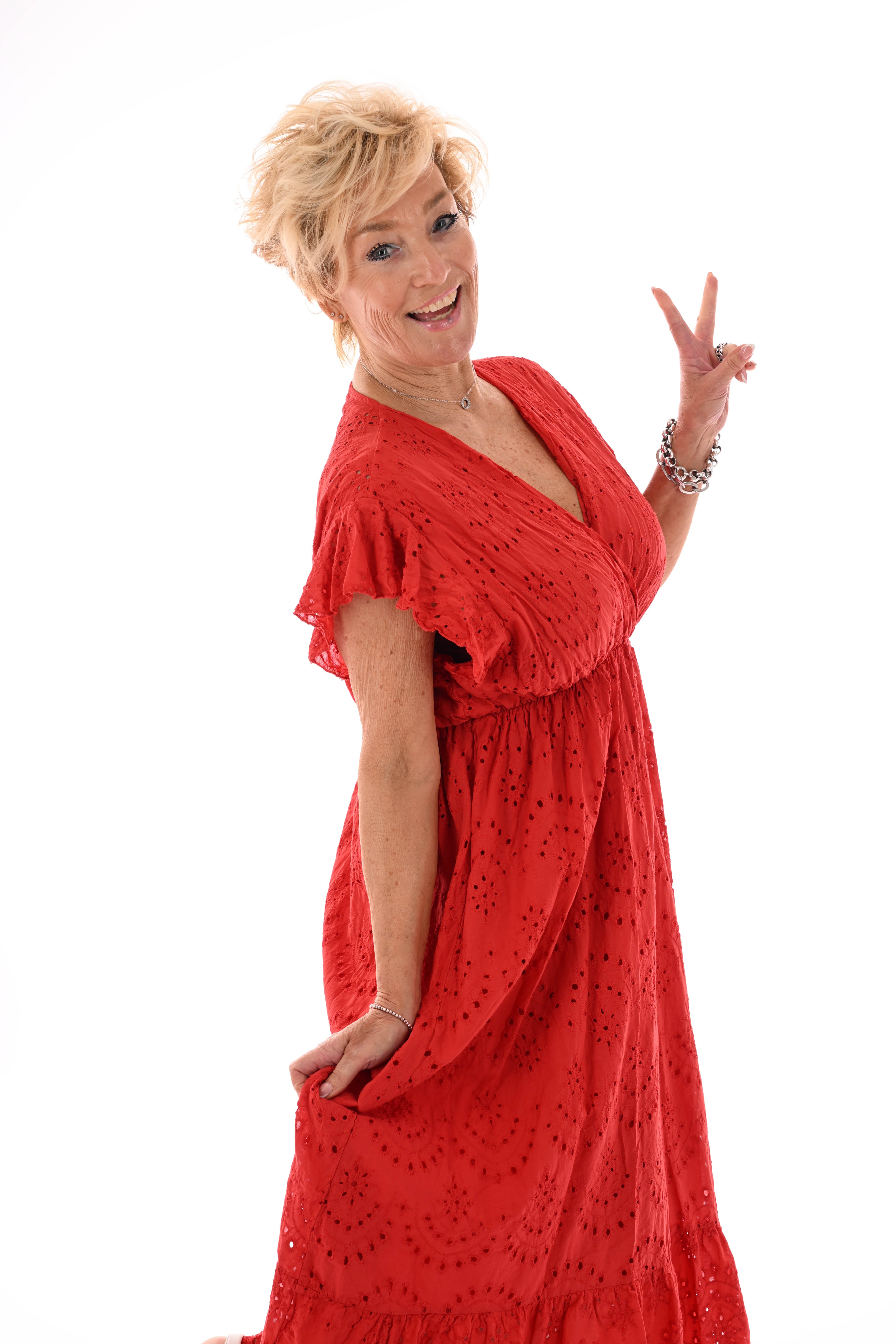 Maxi broderie jurk v-hals rood