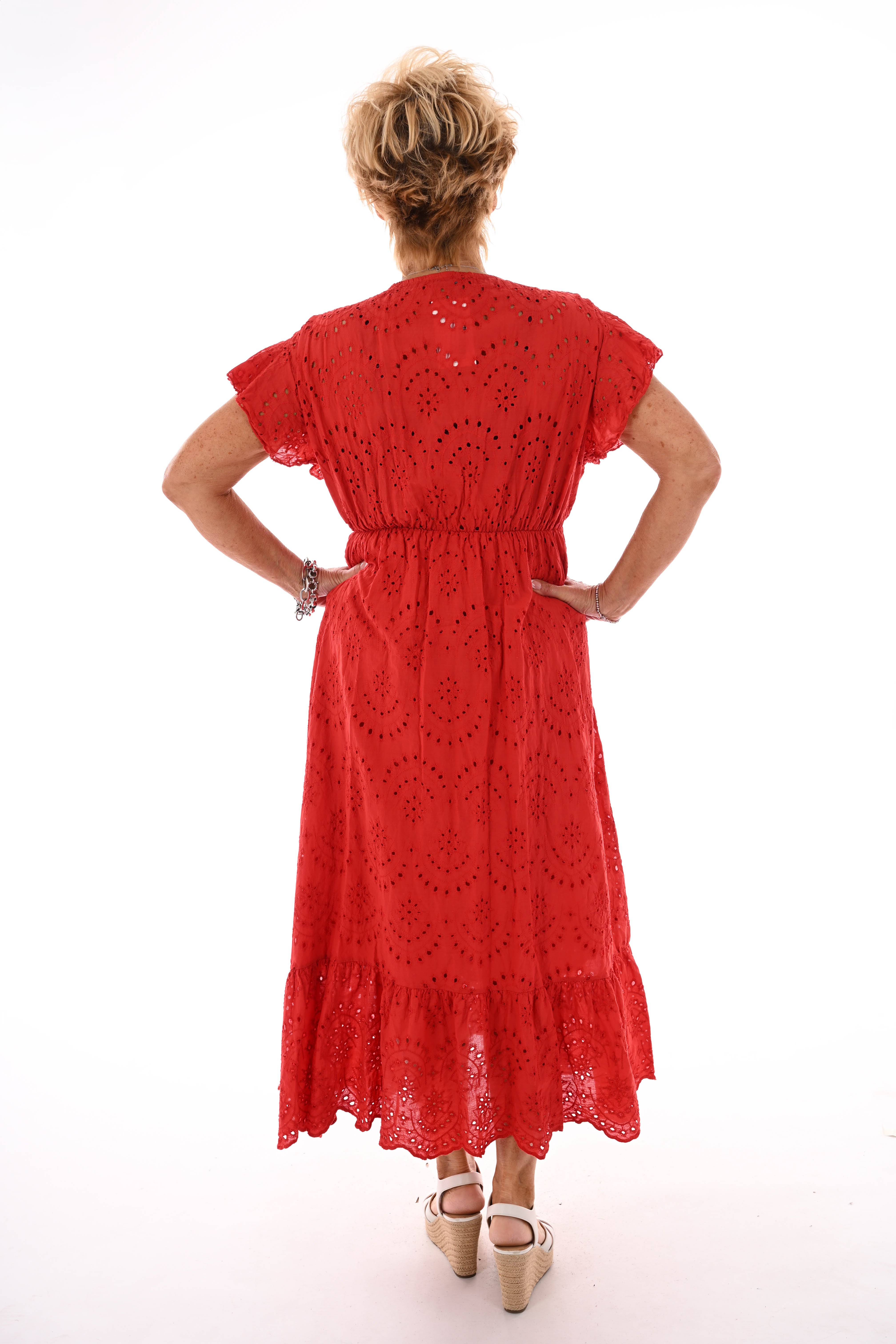 Maxi broderie jurk v-hals rood