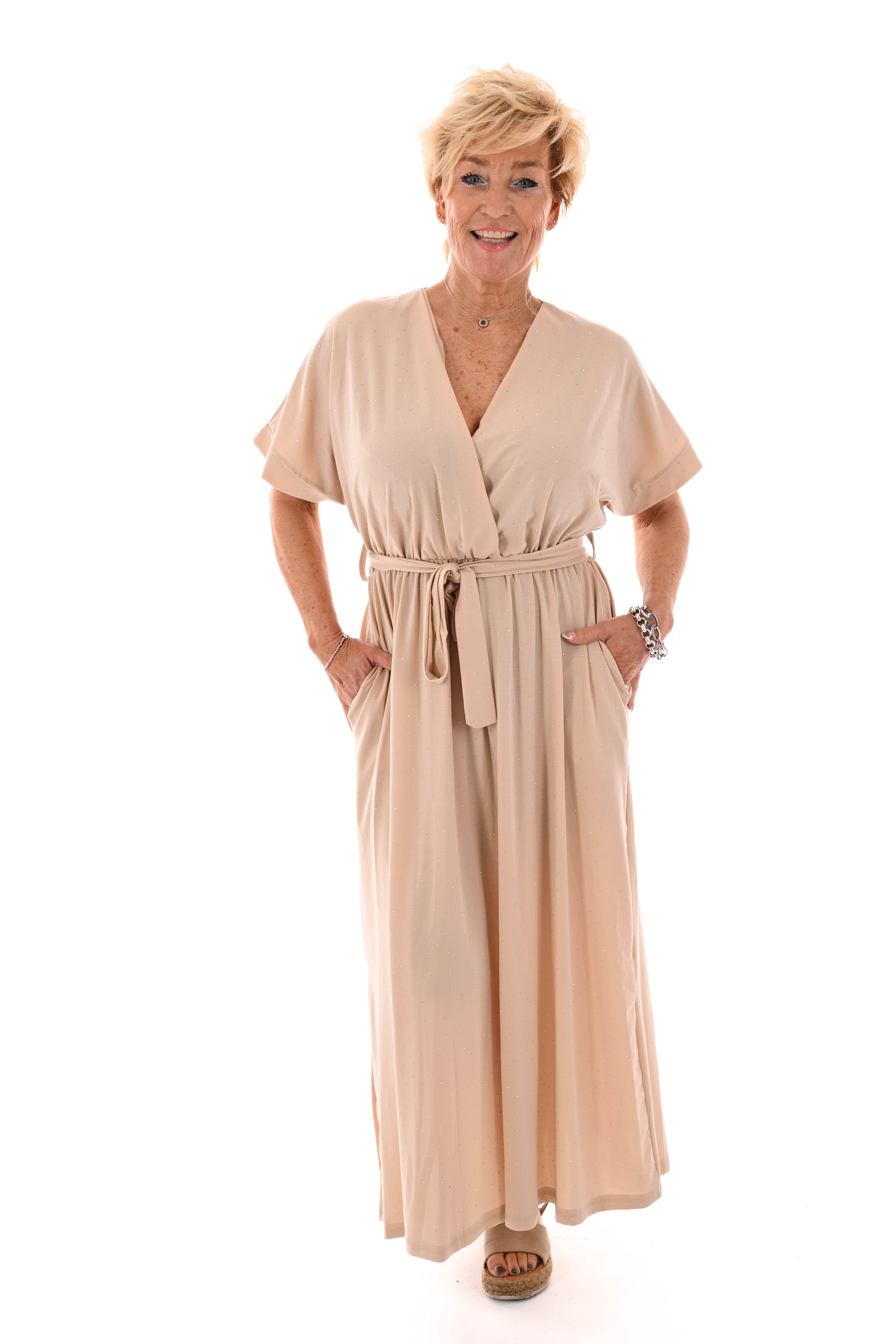 Maxi jurk overslag strass beige