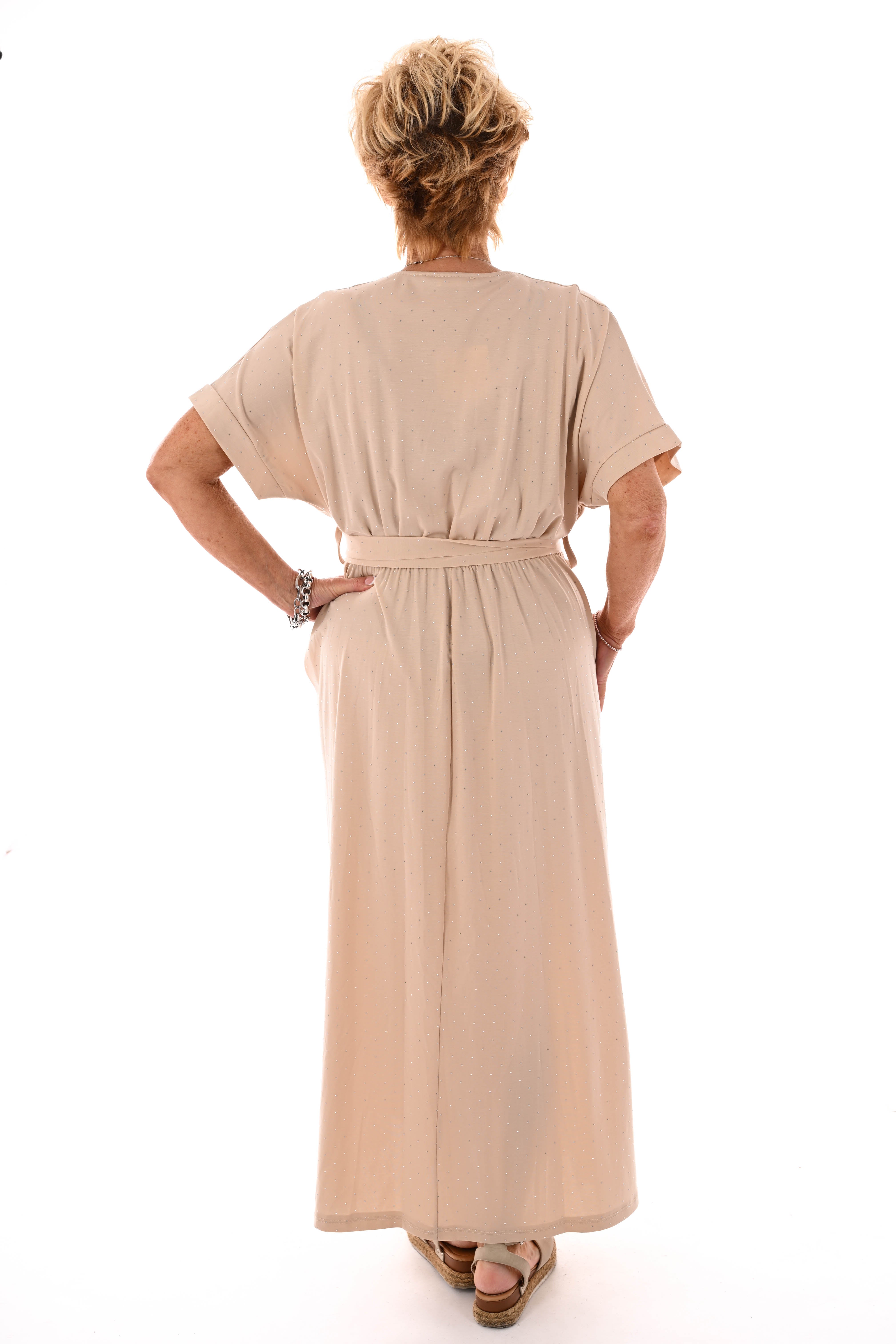 Maxi jurk overslag strass beige