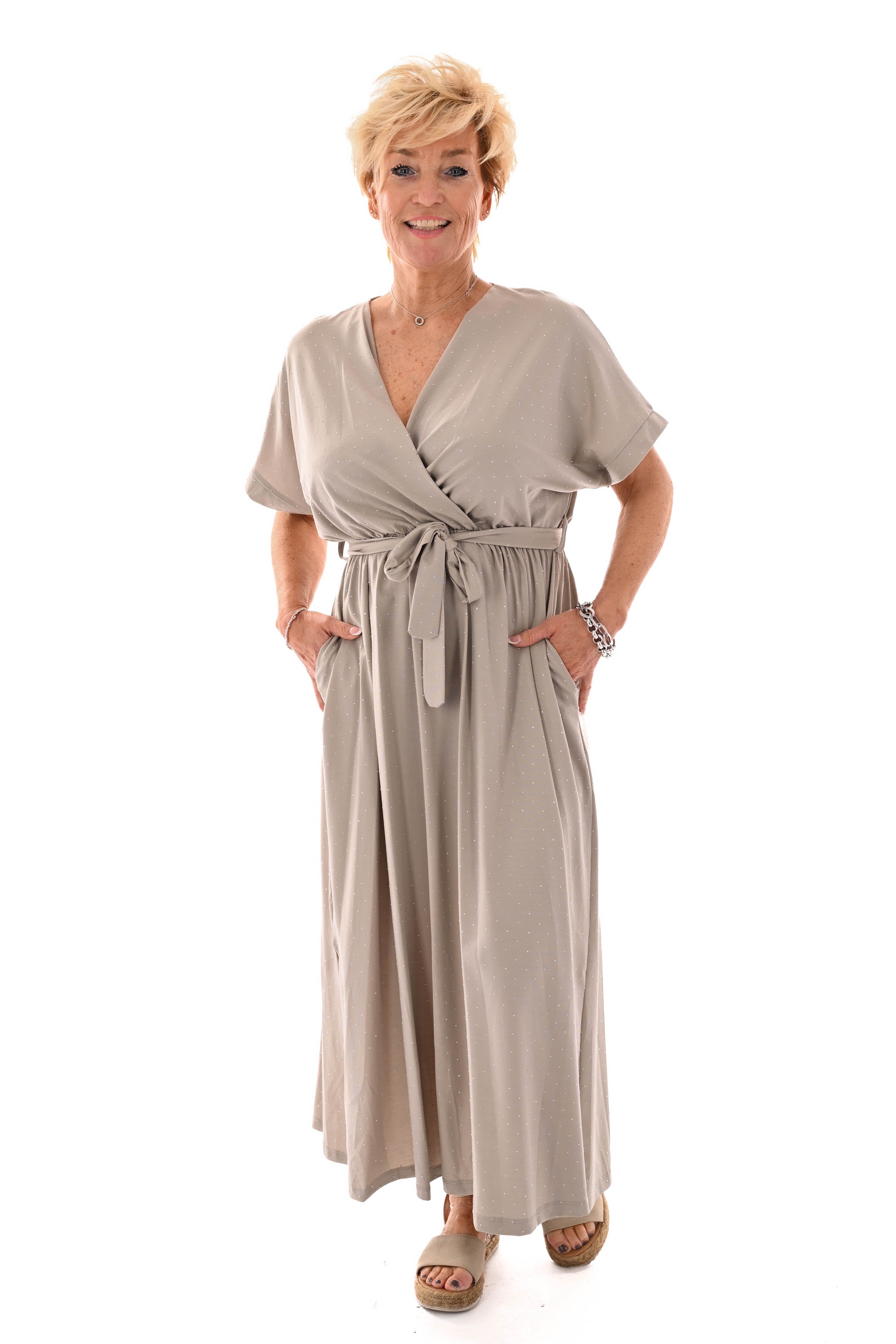 Maxi jurk overslag strass taupe