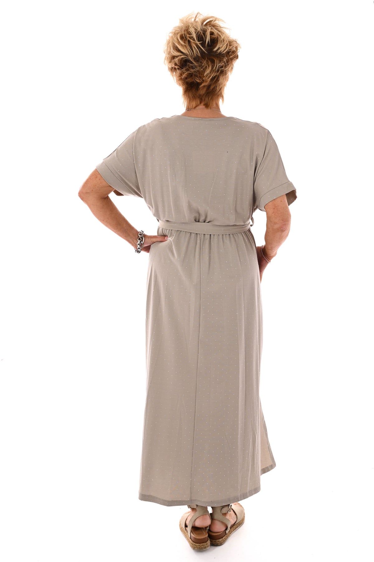 Maxi jurk overslag strass taupe