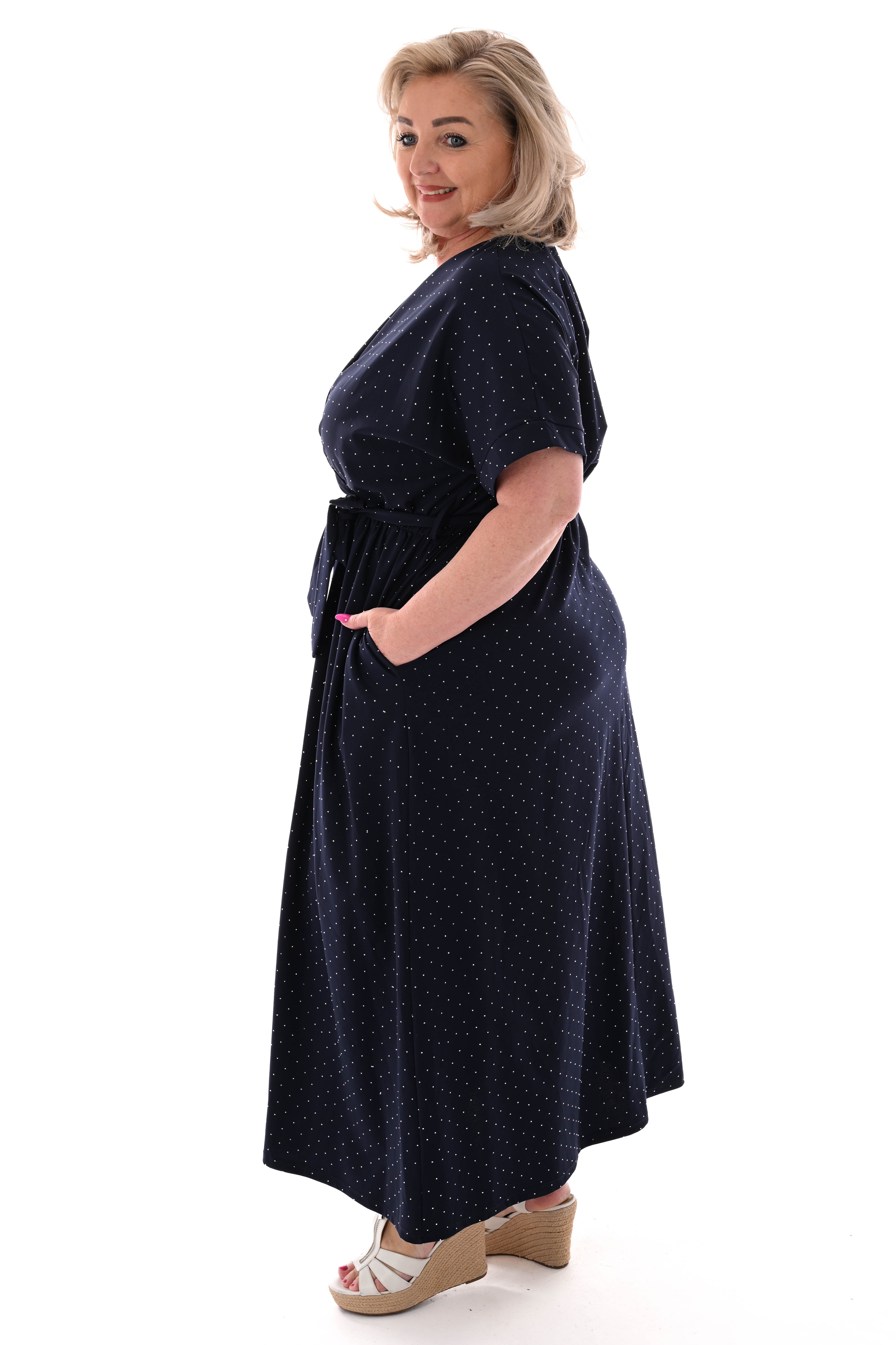 Maxi jurk overslag strass marineblauw