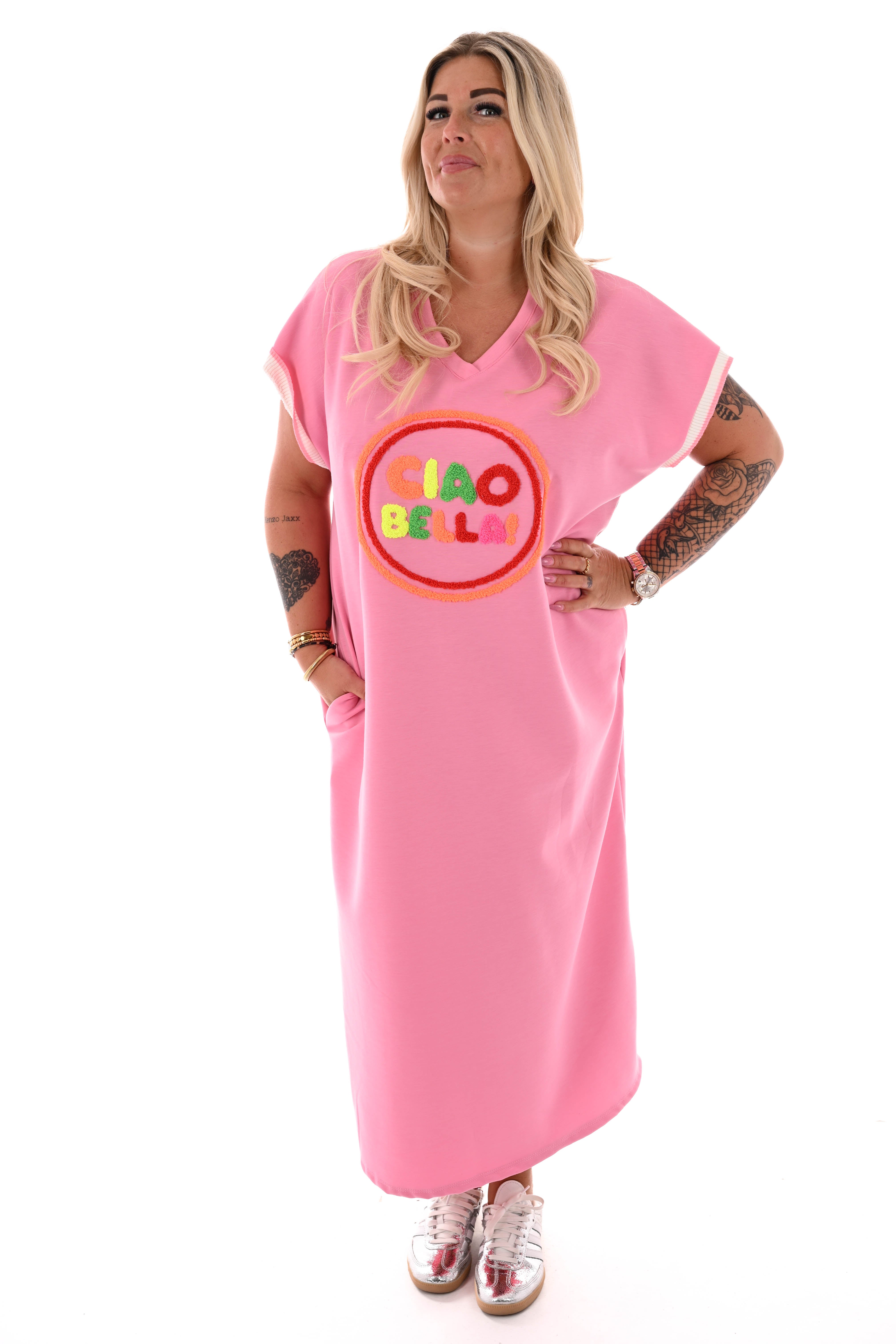Lange sweaterdress v-hals Ciao Bella roze