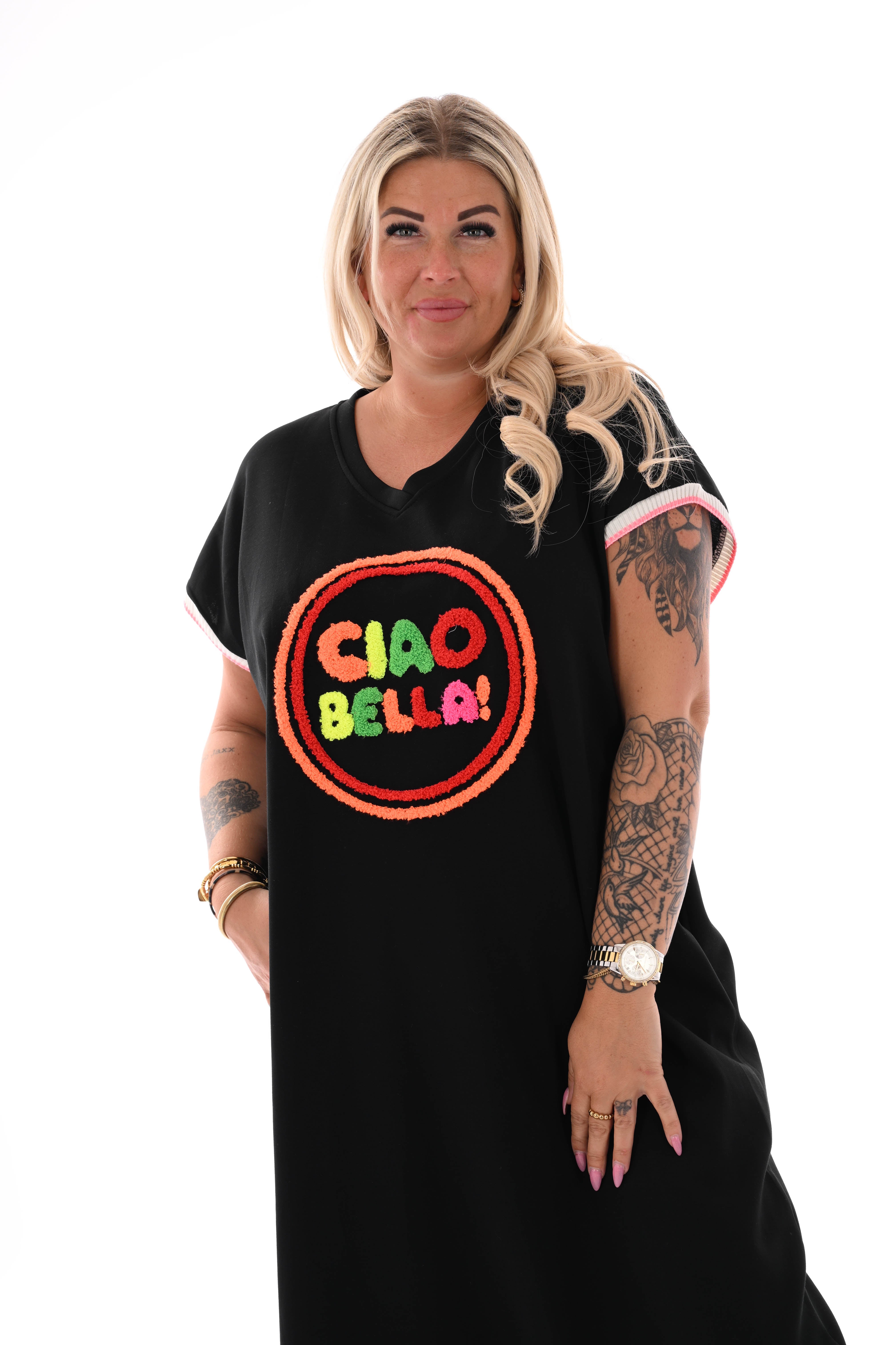 Lange sweaterdress v-hals  Ciao Bella zwart