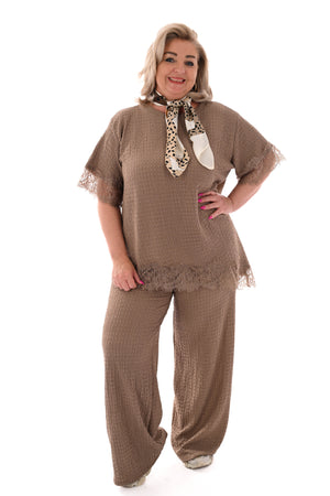 Tweedelig crepe set asymmetrisch lichtbruin