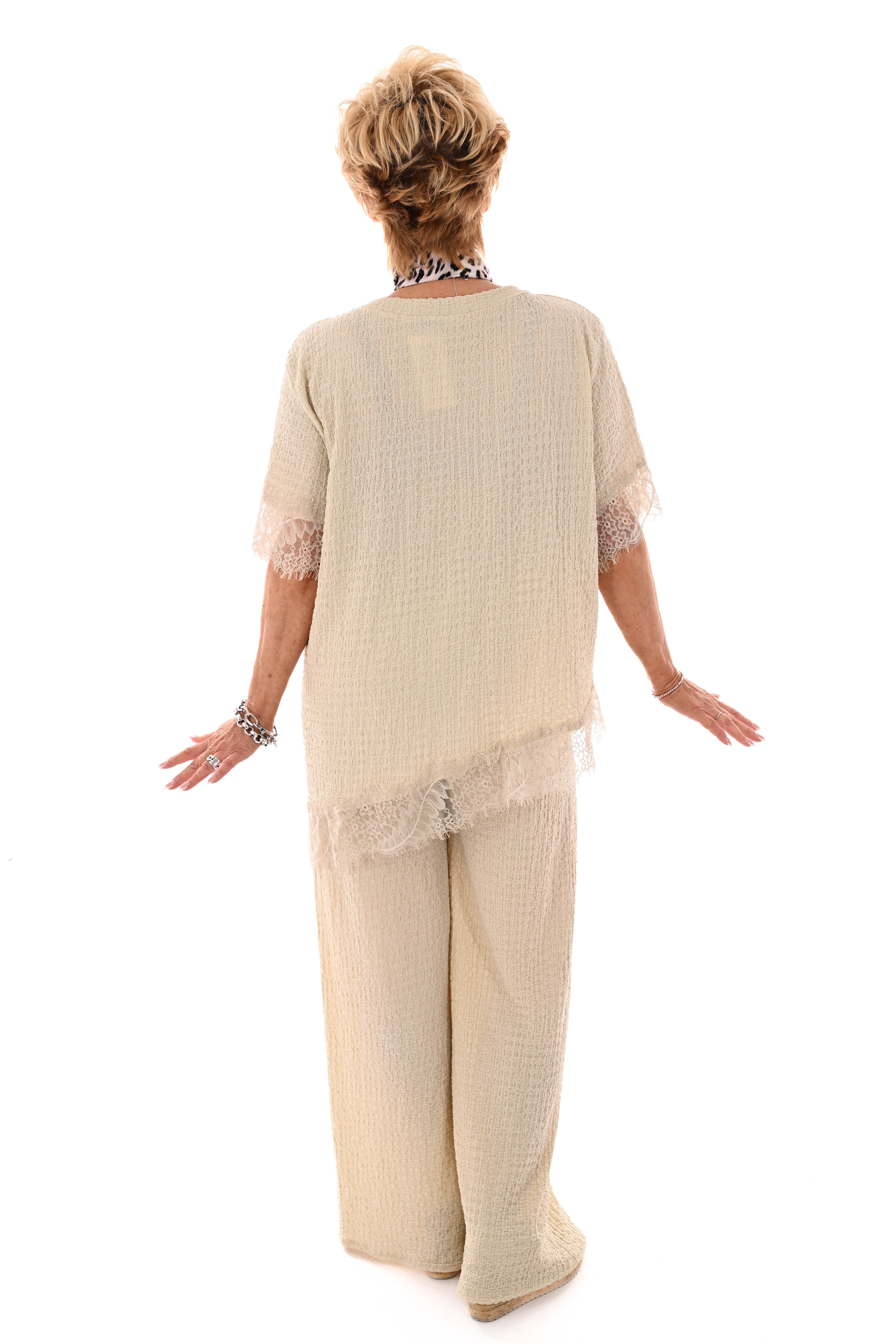 Tweedelig crepe set asymmetrisch beige
