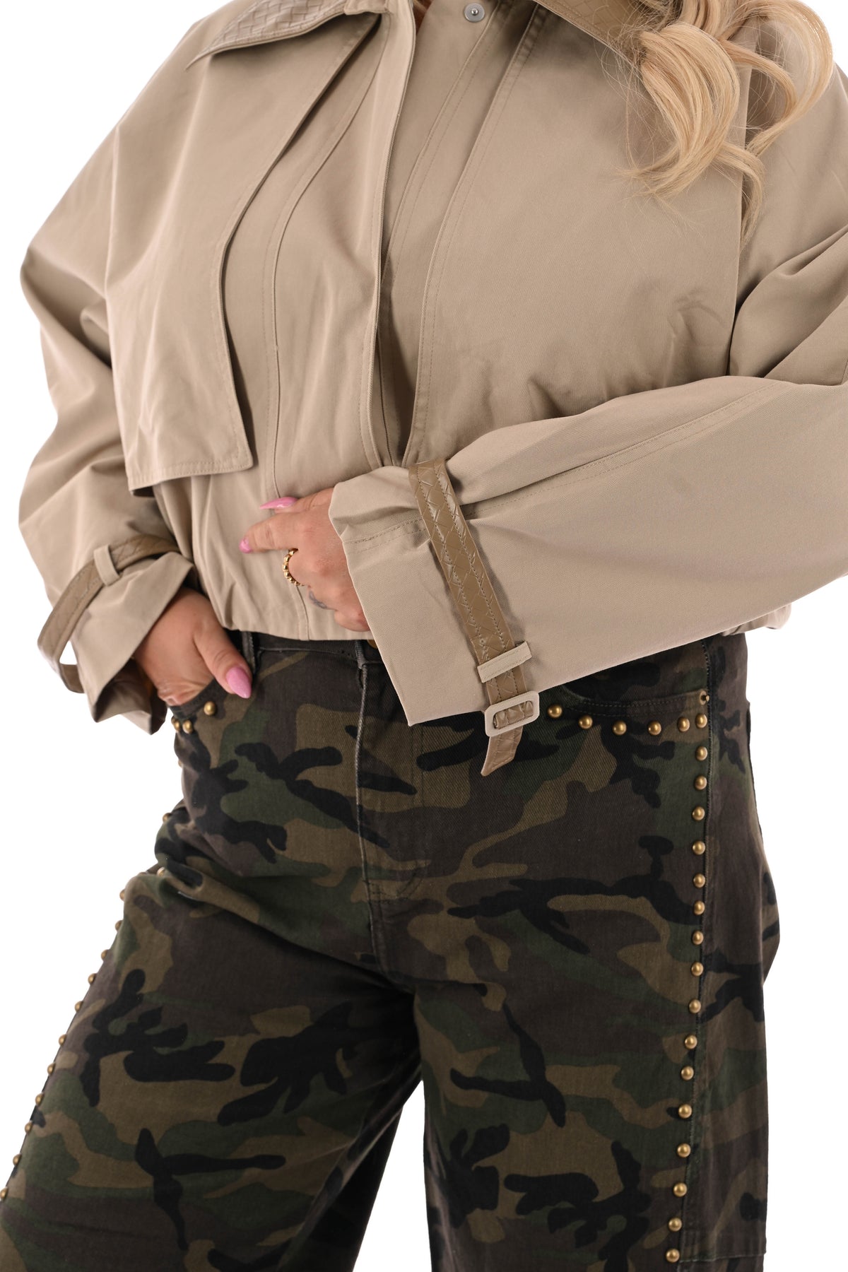 Korte trenchcoat jas met kraag beige