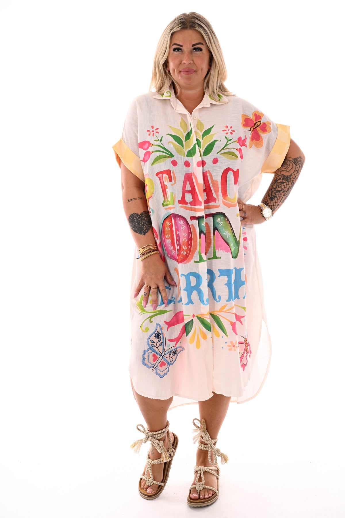 Lange blouse jurk mixed print peace/tijger koraal