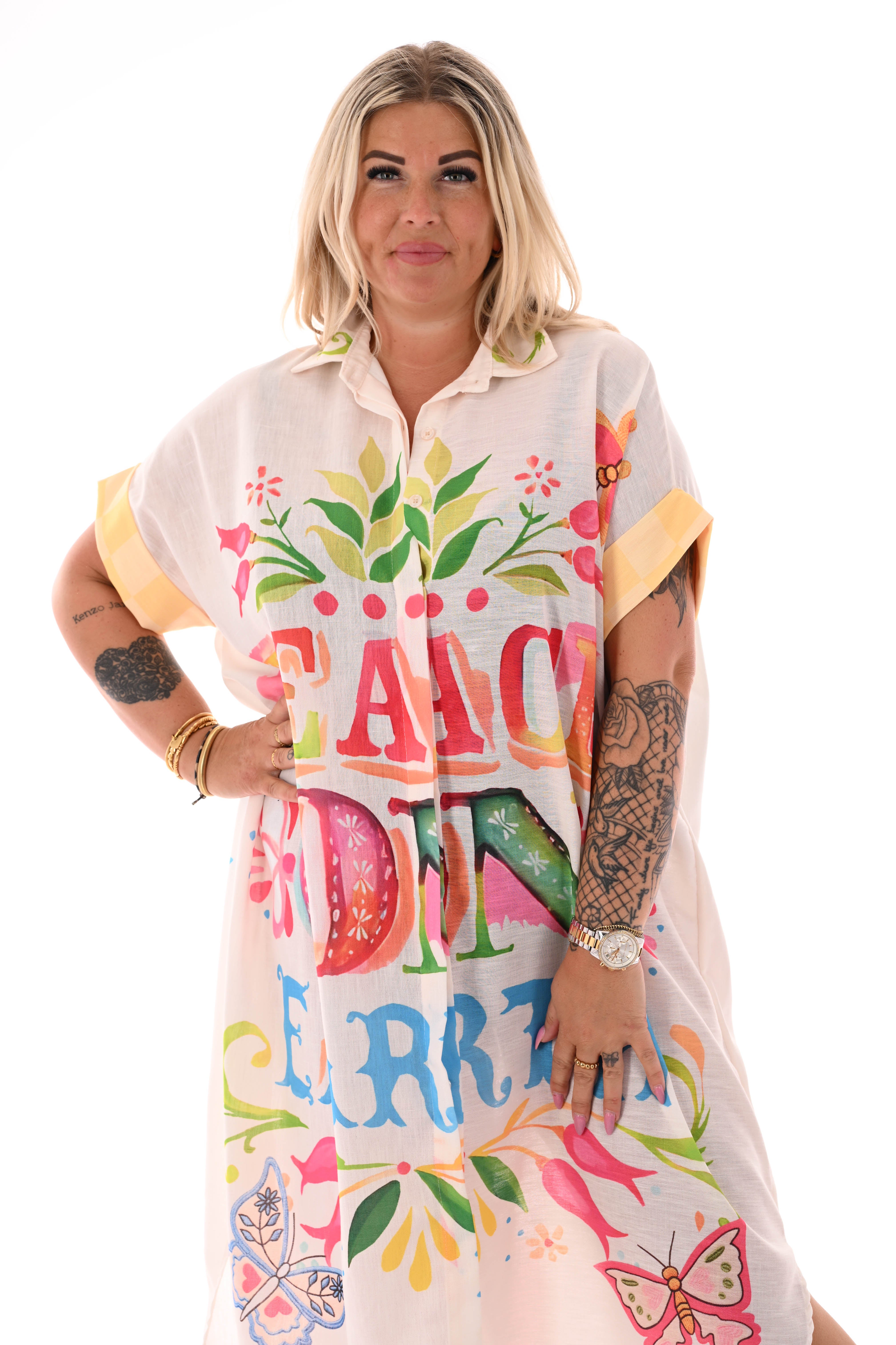 Lange blouse jurk mixed print peace/tijger koraal