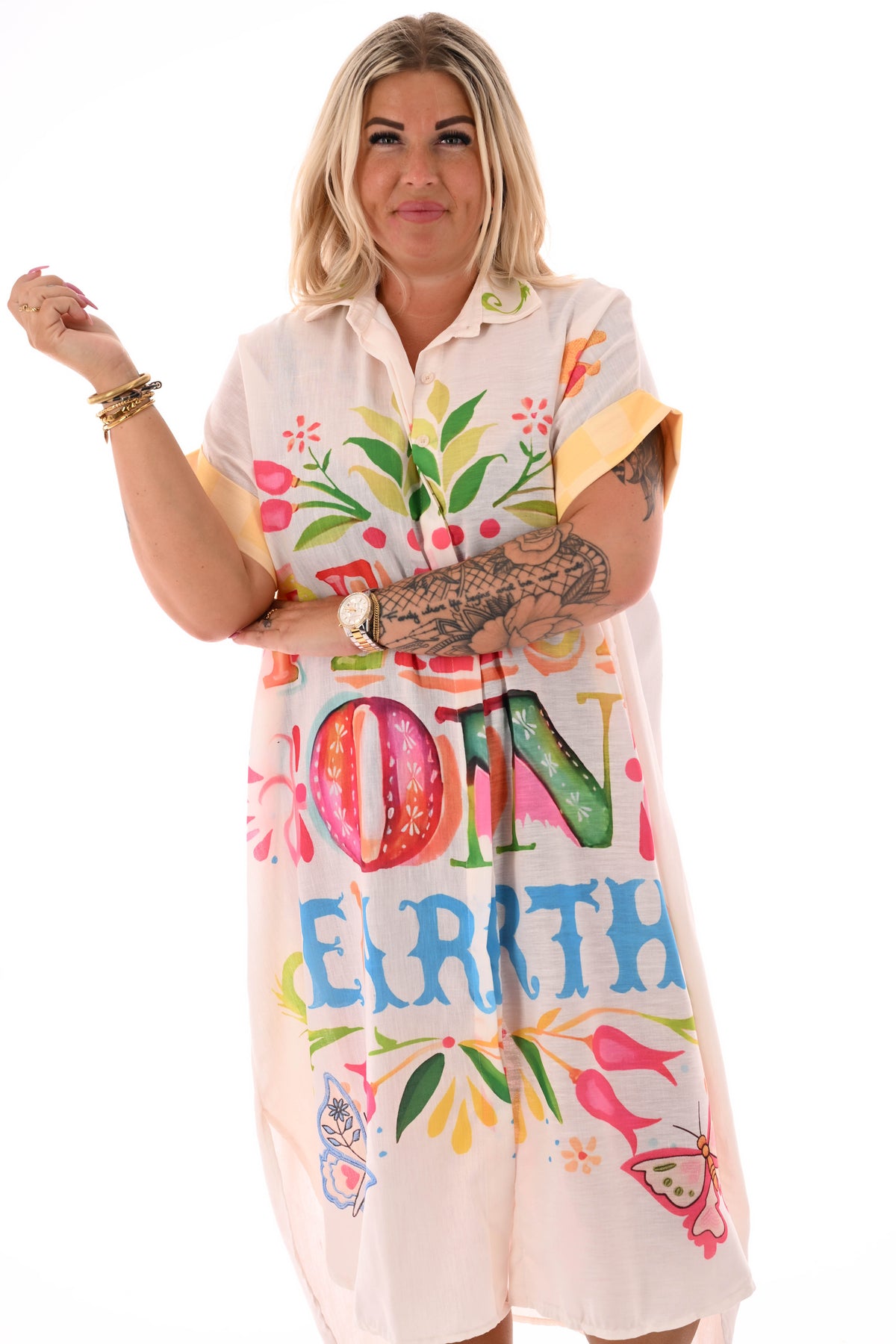 Lange blouse jurk mixed print peace/tijger koraal